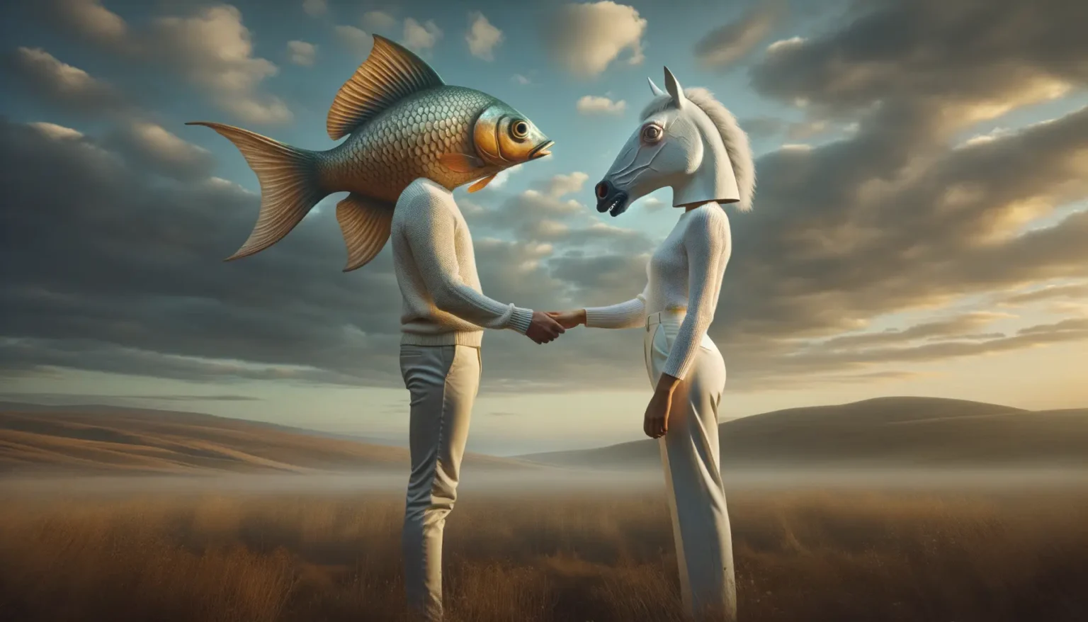 Zwei anthropomorphe Figuren mit den Köpfen eines Goldfisches und eines Pferdes halten sich an den Händen in einer surrealen Landschaft mit goldenen Grasfeldern und einem dramatischen Himmel mit Wolken im Hintergrund.