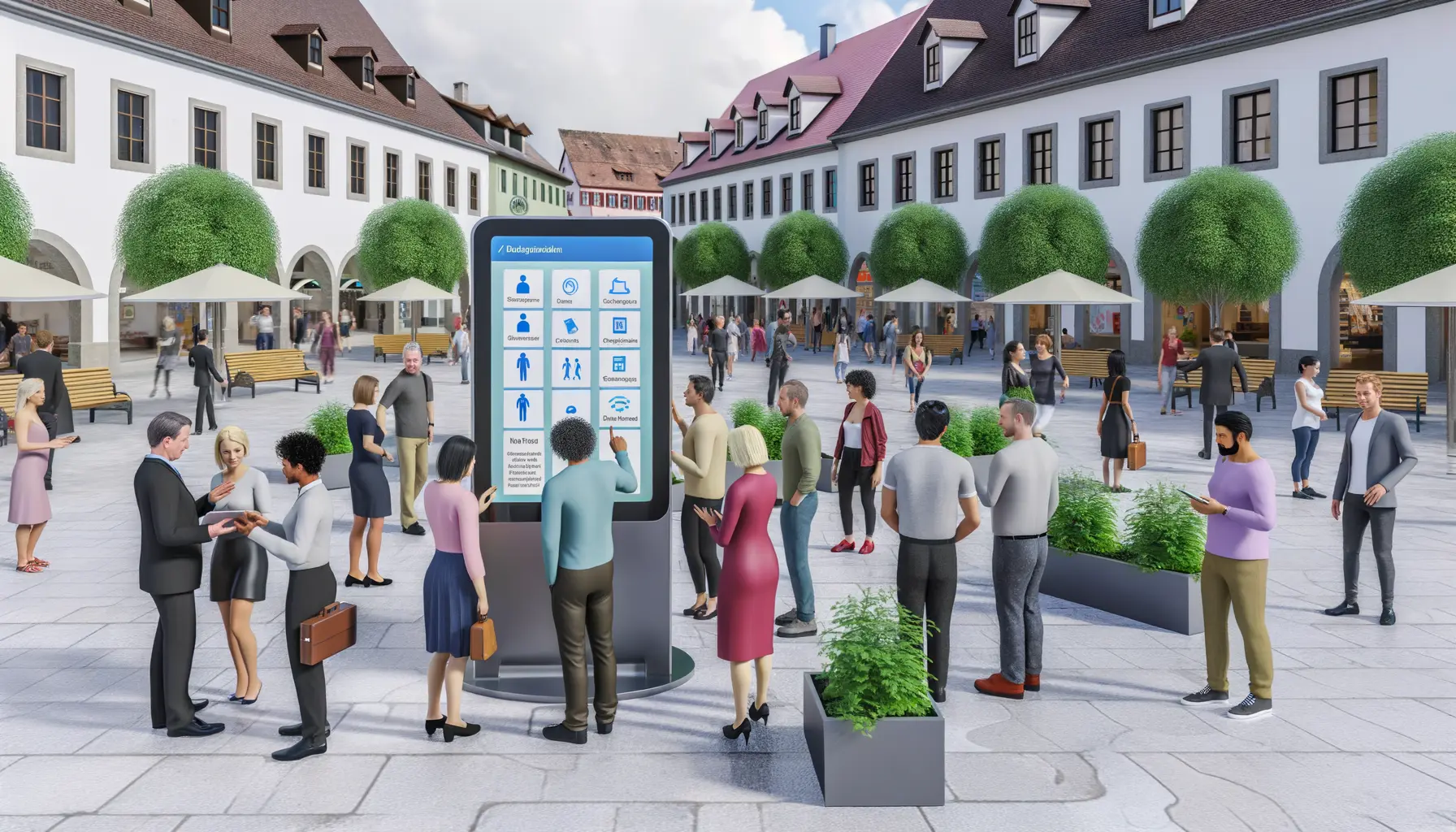 Belebte Platzszene in Kreuzlingen mit Tablet-Nutzung
