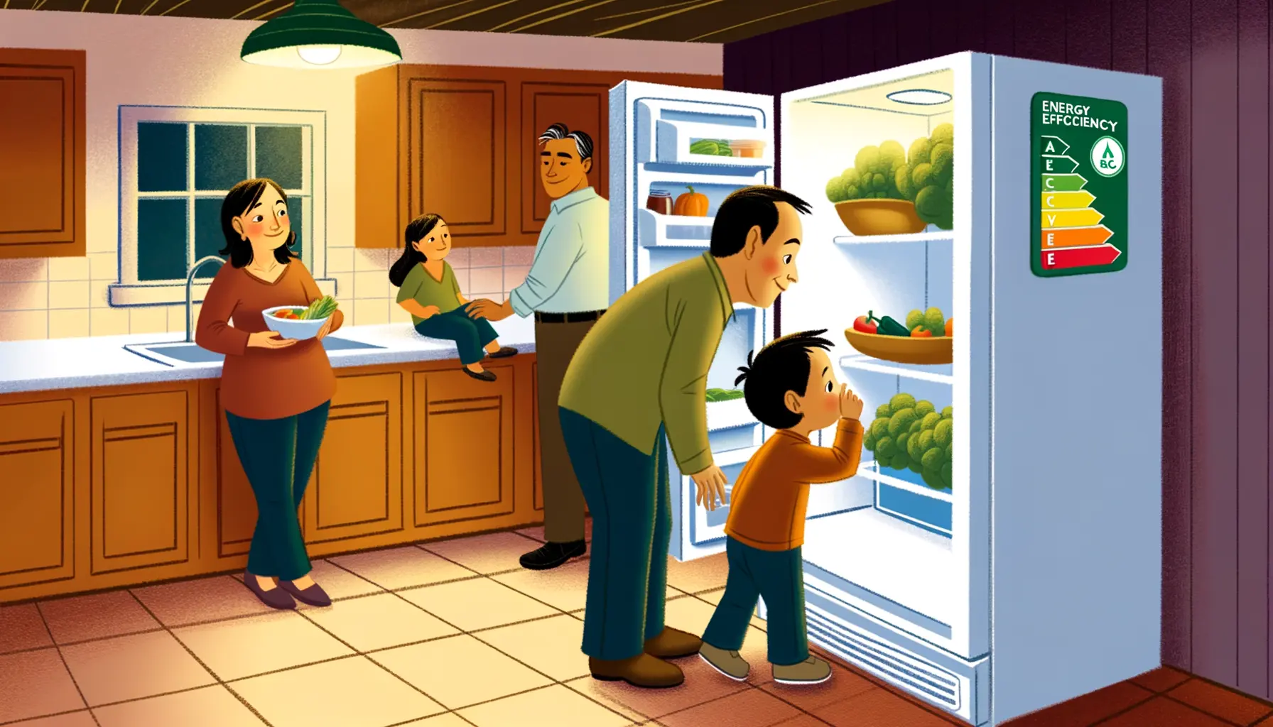 Eine Familie in der Wohnküche, die eine Kühl-Gefrier-Kombination nutzt.