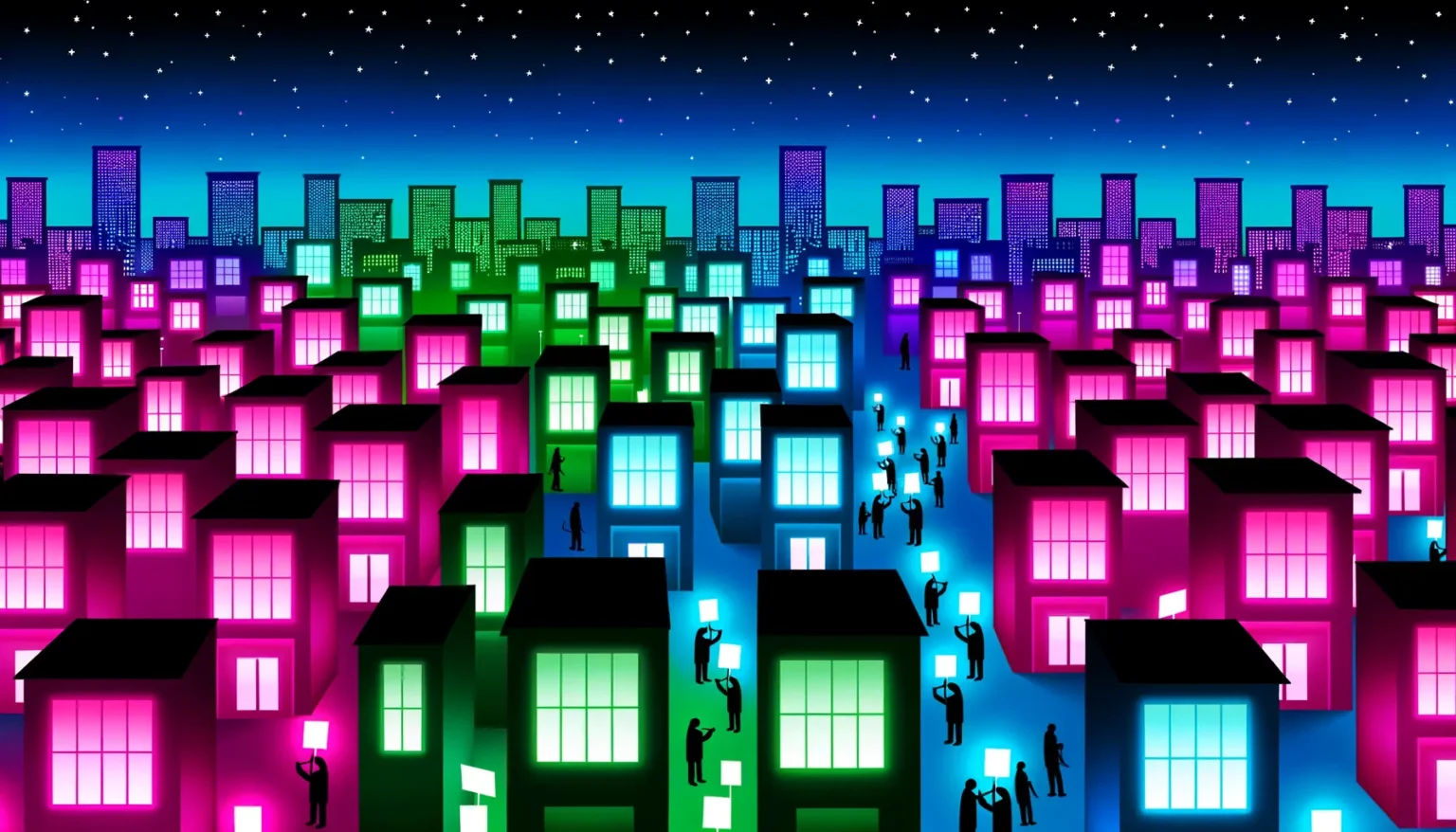 Eine bunte Illustration einer Stadt bei Nacht mit mehreren Reihen von Häusern in Vordergrund, die in verschiedenen Neonfarben leuchten – Pink, Grün und Blau. Im Hintergrund sind Silhouetten von Hochhäusern zu sehen. Überall im Bild sind kleine Figuren, die wie Menschen aussehen und teilweise leuchtende Rechtecke halten. Der Himmel ist in einem Farbverlauf von Dunkelblau zu Schwarz gestaltet und mit zahlreichen kleinen Sternen übersät.