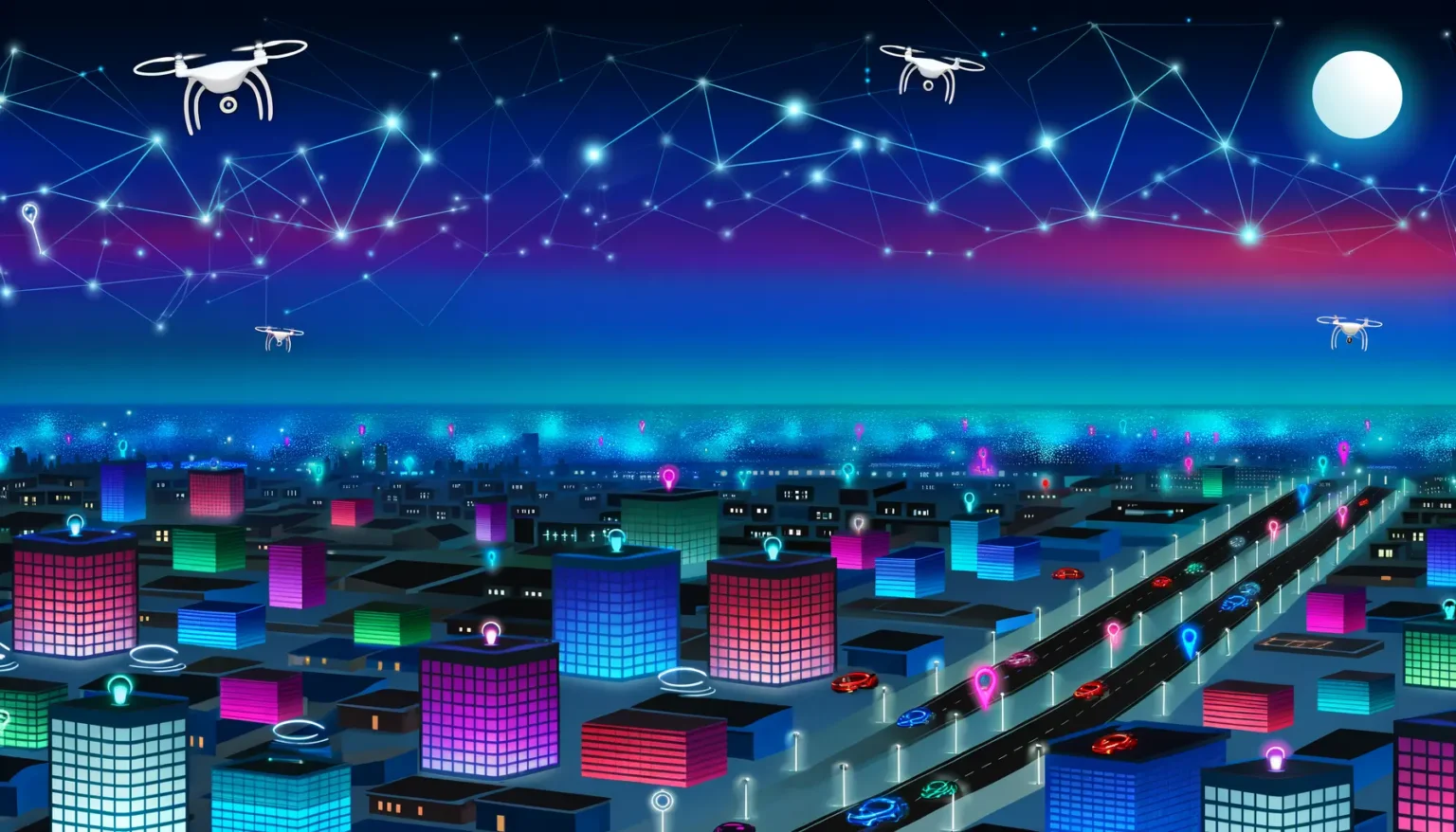 Illustration einer futuristischen Stadt bei Nacht mit bunten, beleuchteten Gebäuden, einer verschwommenen Menschenmenge und fliegenden Drohnen, die durch ein Netzwerk von verbundenen Punkten dargestellt sind. Es herrscht eine Hightech-Atmosphäre mit einem klaren Nachthimmel und einem großen Vollmond im Hintergrund.