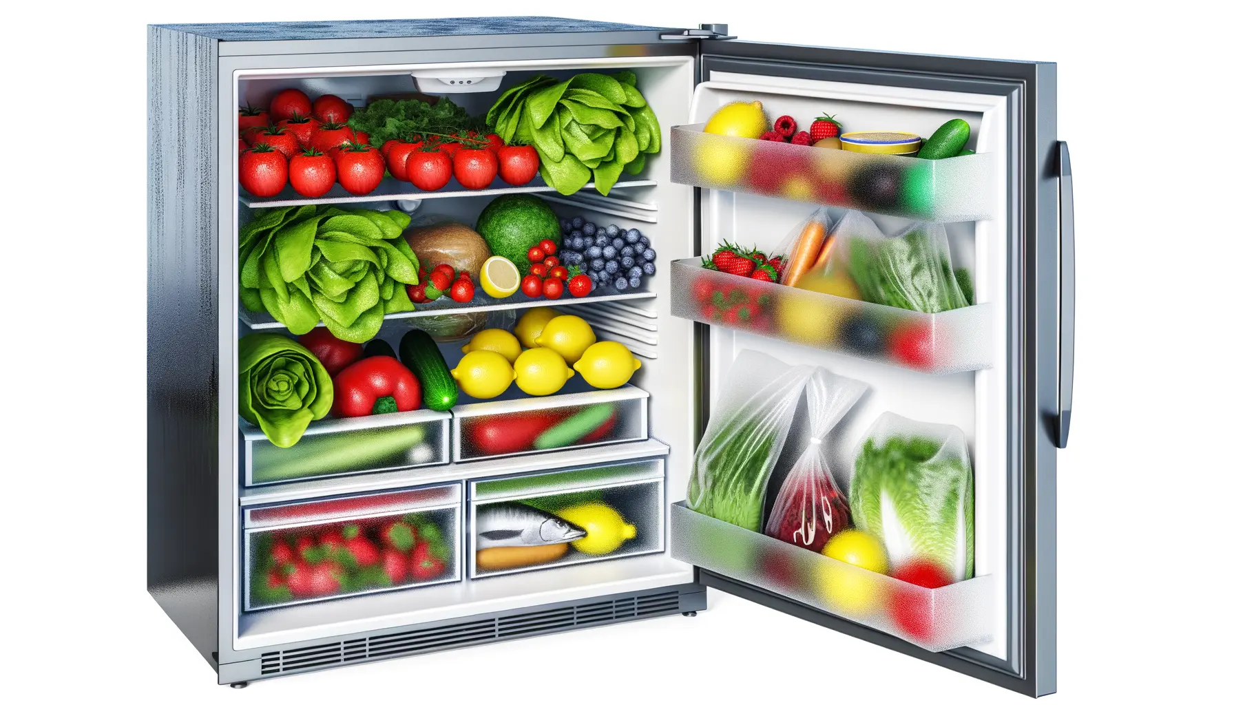 Innenaufnahme einer modernen Kühl-Gefrier-Kombination gefüllt mit frischen Lebensmitteln.