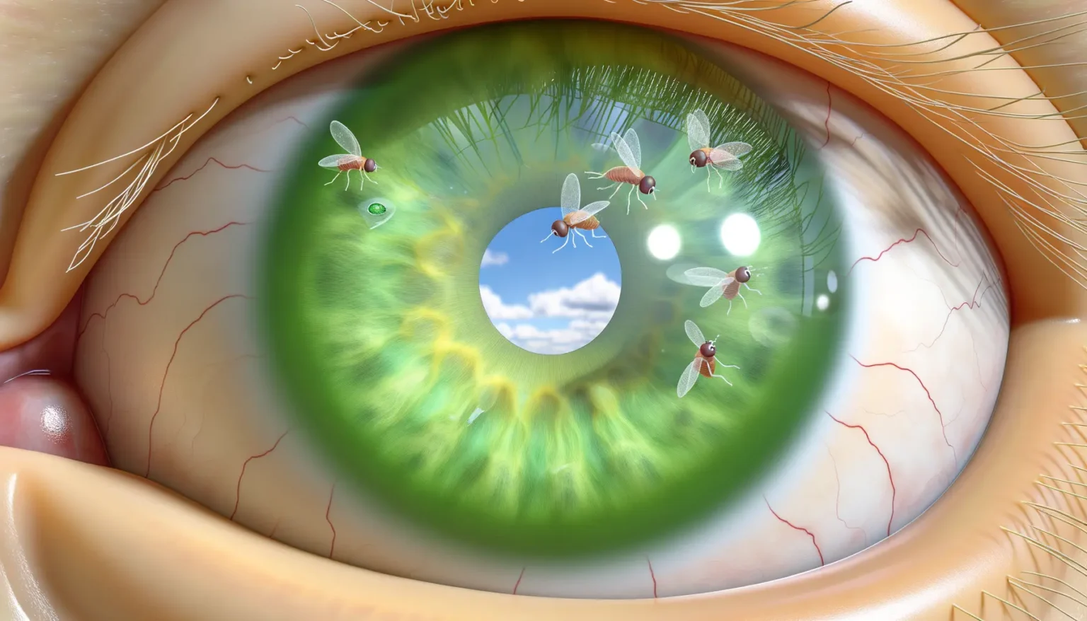 Nahaufnahme eines menschlichen Auges mit grüner Iris, in welcher ein Spiegelbild einer klaren, blauen Himmelsaussicht mit fliegenden Fruchtfliegen zu sehen ist. Die Details des Auges, wie die einzelnen Wimpern und die feinen Blutgefäße auf dem Augapfel, sind deutlich sichtbar.