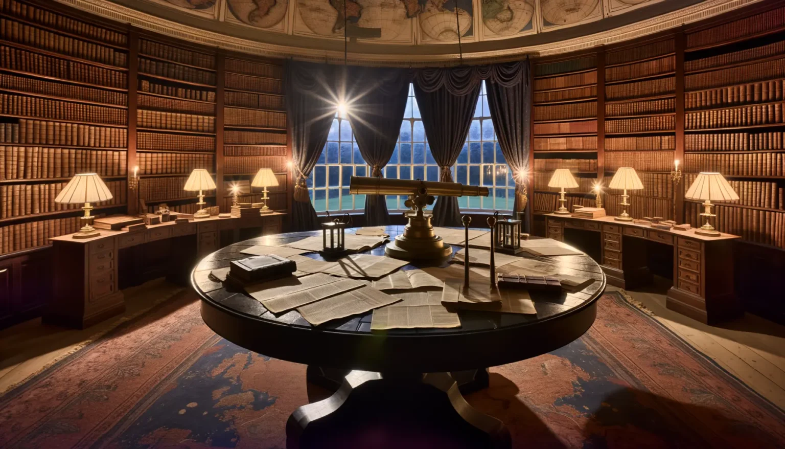 Eine klassisch eingerichtete Bibliothek mit hohen Bücherregalen, die mit zahlreichen Büchern gefüllt sind. In der Mitte des Raumes steht ein großer runder Tisch, darauf ausgebreitete Bücher und Dokumente. Mehrere Tischlampen spenden warmes Licht, und durch die großen Fenster mit schweren Vorhängen fällt Sonnenlicht herein, das am Boden und den Möbeln sternenförmige Reflexionen erzeugt. Über den Regalen sind dekorative alte Weltkarten zu sehen, und der Raum strahlt eine stille, akademische Atmosphäre aus.
