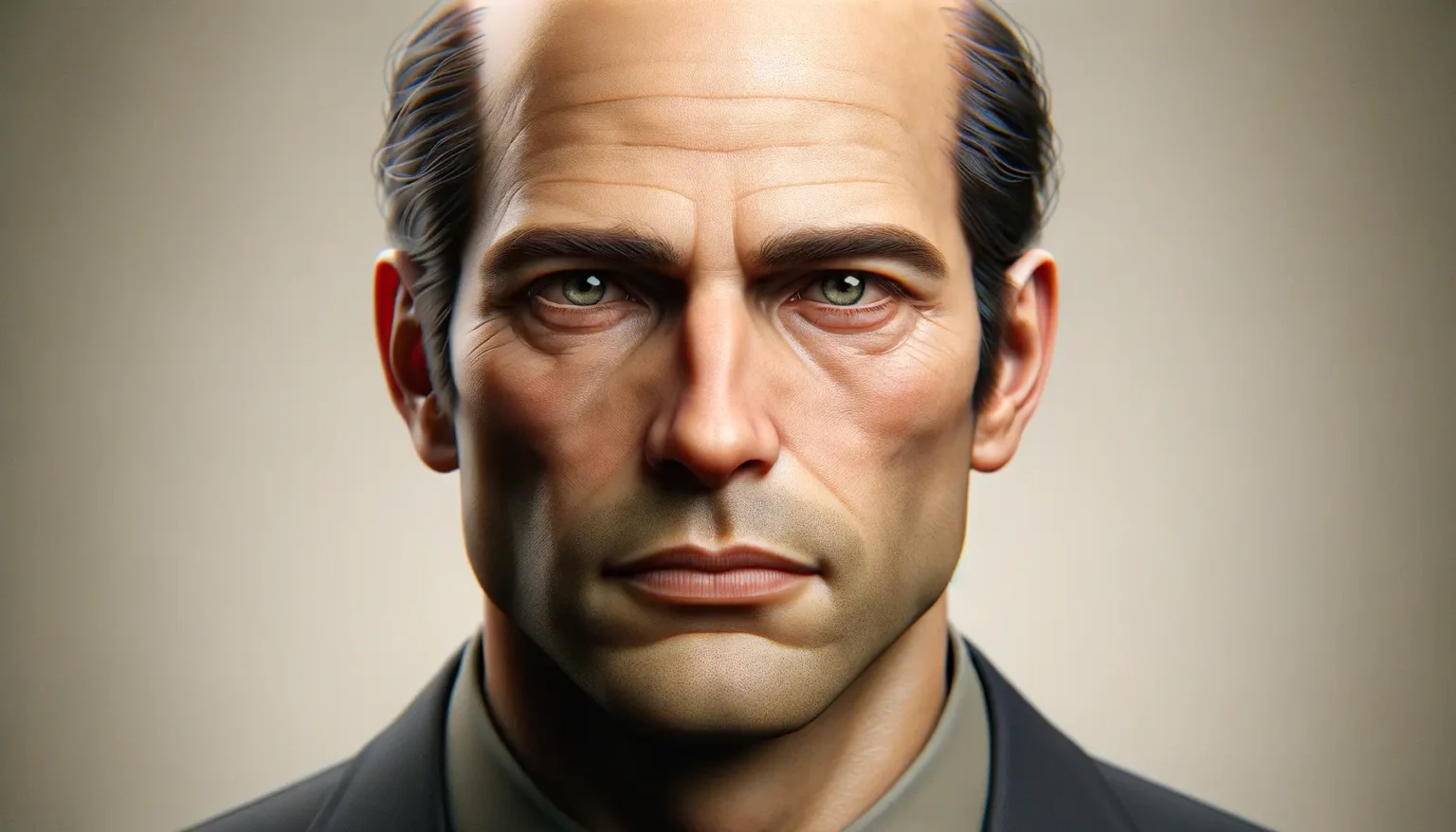 Nahaufnahme eines hyperrealistischen 3D-gerenderten männlichen Gesichts mit ernstem Ausdruck, dunklen Haaren und grünen Augen. Er trägt einen grauen Anzug und blickt direkt in die Kamera auf einem unscharfen monochromen Hintergrund.