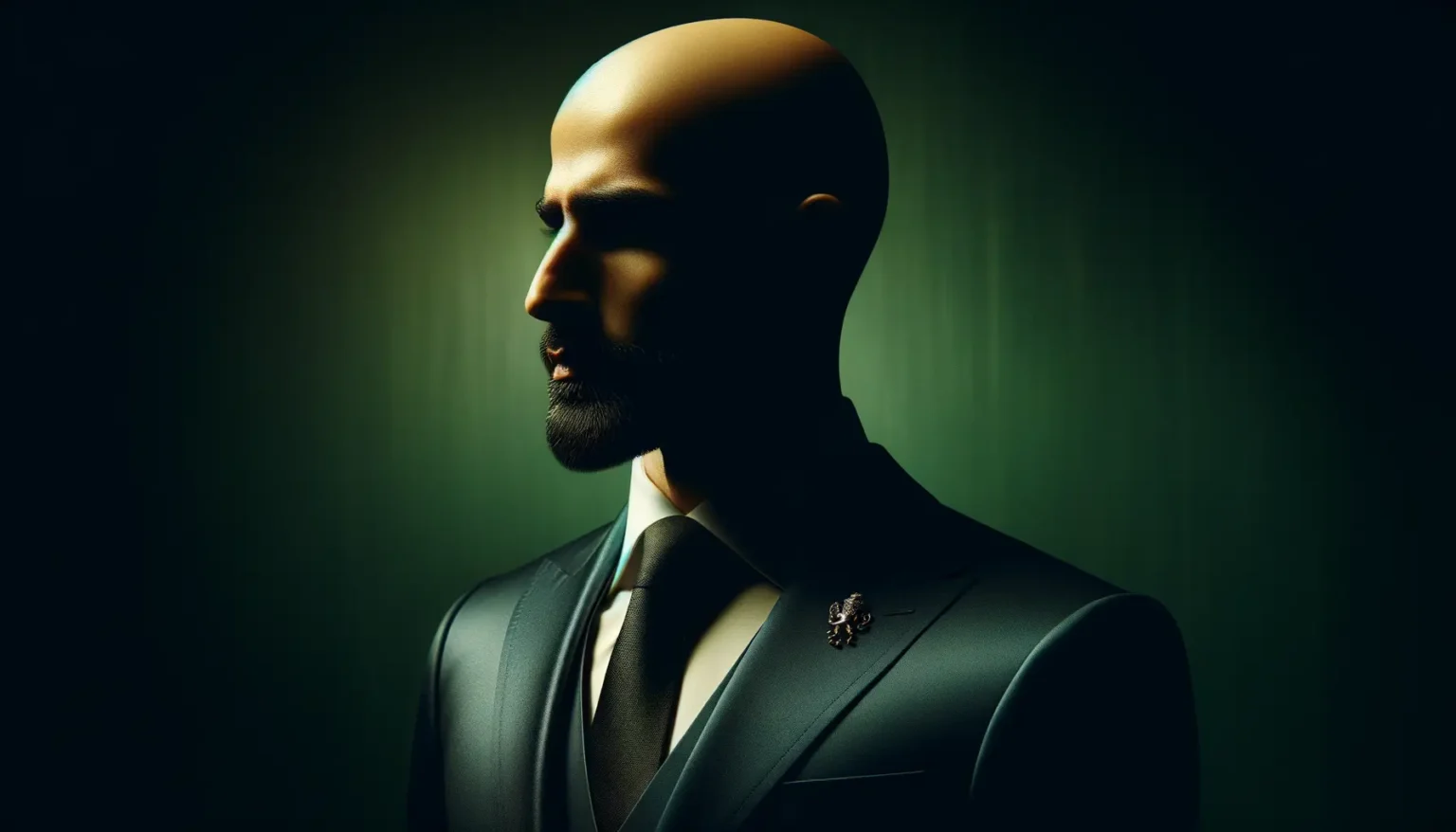 Ein Porträt eines stilvollen, kahlköpfigen Mannes im Profil, der einen dunkelgrünen Anzug mit Krawatte und ein auffälliges Anstecknadel trägt. Das Bild ist dramatisch beleuchtet mit Schattenspielen, was eine geheimnisvolle Stimmung erzeugt, und der Hintergrund zeigt einen smooth verlaufenden grüntönigen Verlauf.