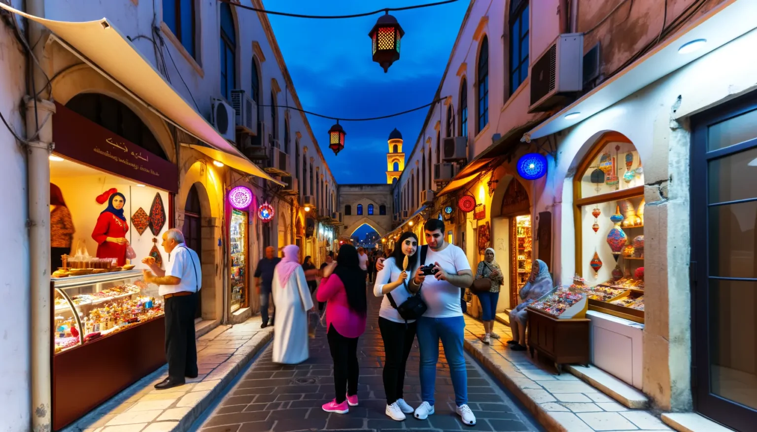 Belebte Einkaufsstraße bei Dämmerung mit Geschäften und beleuchteten Laternen, Menschen schlendern und ein Paar teilt sich ein Eis. Im Hintergrund ist ein Minarett bei blauer Abendstimmung zu sehen.