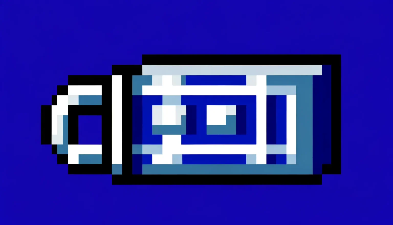 Ein stilisiertes, pixelartiges Bild einer Batterie vor einem einfarbigen blauen Hintergrund. Die Batterie ist hauptsächlich in verschiedenen Blautönen mit einigen weißen und schwarzen Details dargestellt, wodurch ein minimalistischer, ikonischer Look erzeugt wird.