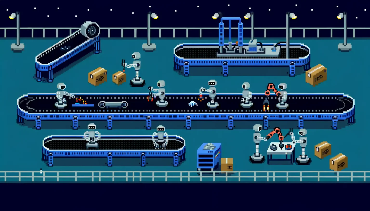 Pixelart-Szene einer nächtlichen Fabrik mit Förderbändern und roboterartigen Figuren, die verschiedene Aufgaben ausführen, wie z.B. das Tragen von Kisten oder das Bedienen von Maschinen unter künstlichen Lichtern.