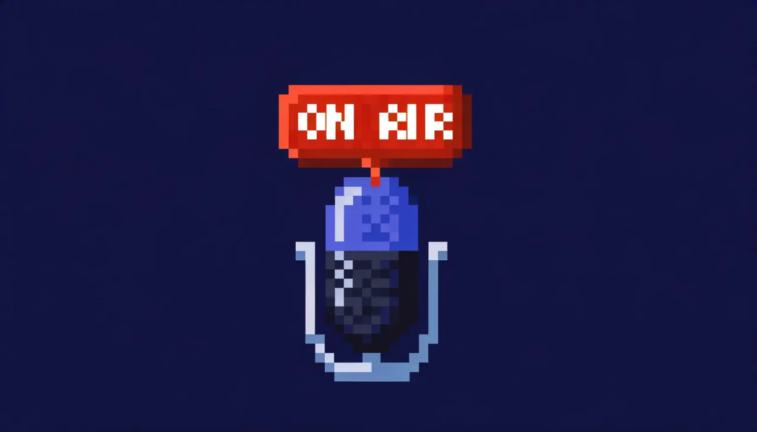 Pixelbild eines Mikrofons mit einem "ON AIR"-Schild darüber auf einem einfarbigen dunkelblauen Hintergrund.
