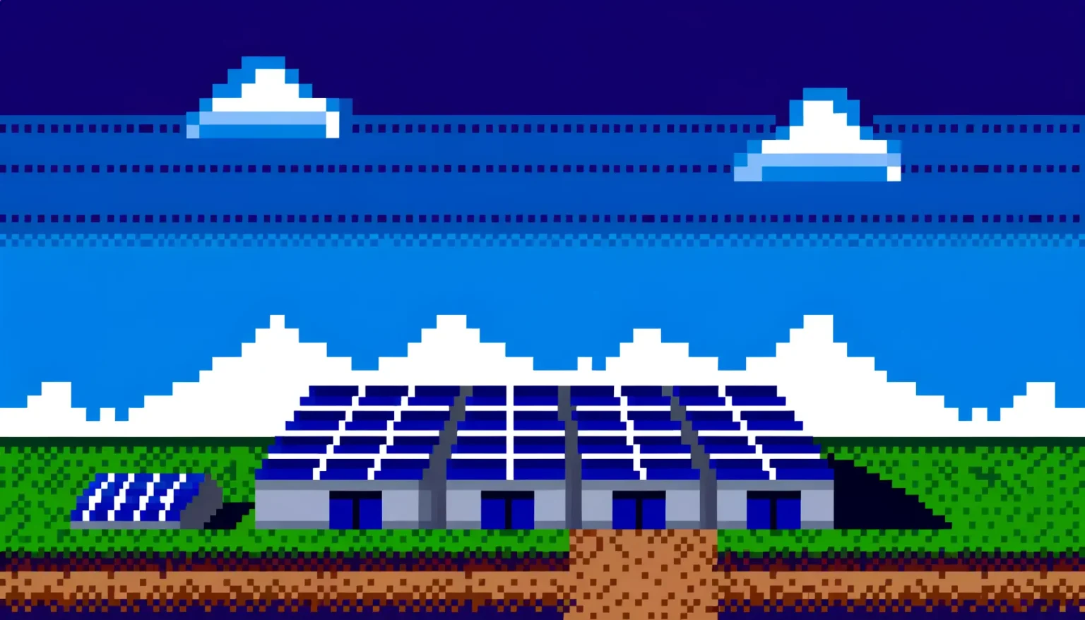 Eine pixelige Darstellung einer Landschaft mit Solarpanelen im Vordergrund auf grünem Gras, einem braunen Bodenstreifen unten, einem blauen Himmel mit weißen Wolken und weißen Bergspitzen im Hintergrund.