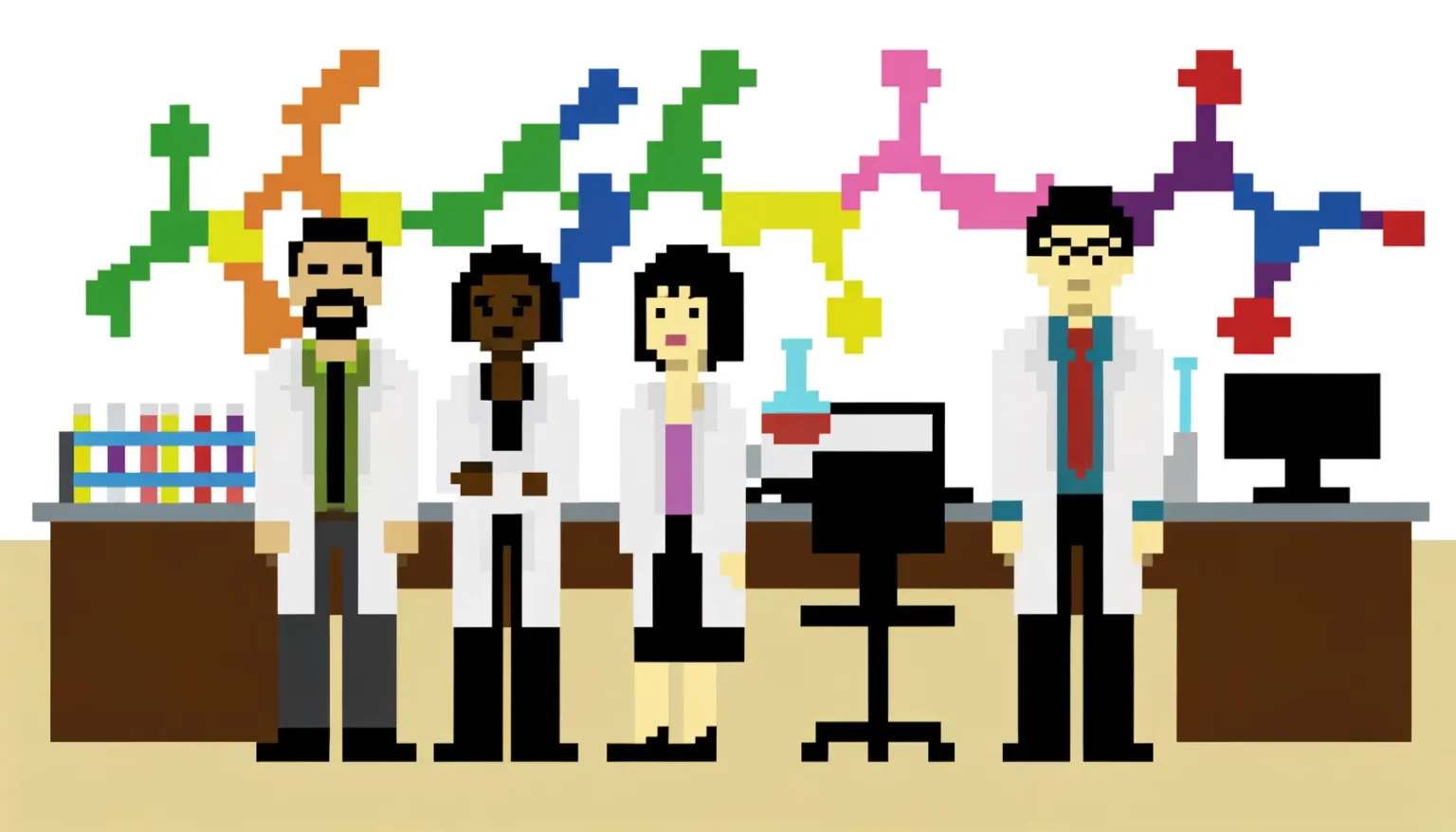 Pixelart-Darstellung von vier Wissenschaftlern in einem Labor mit Reagenzgläsern auf einer Bank, einem Erlenmeyerkolben, Bürostühlen und einem Computer auf Schreibtischen. Im Hintergrund sind abstrakte, farbenfrohe Grafiken, die möglicherweise Moleküle oder statistische Daten repräsentieren.
