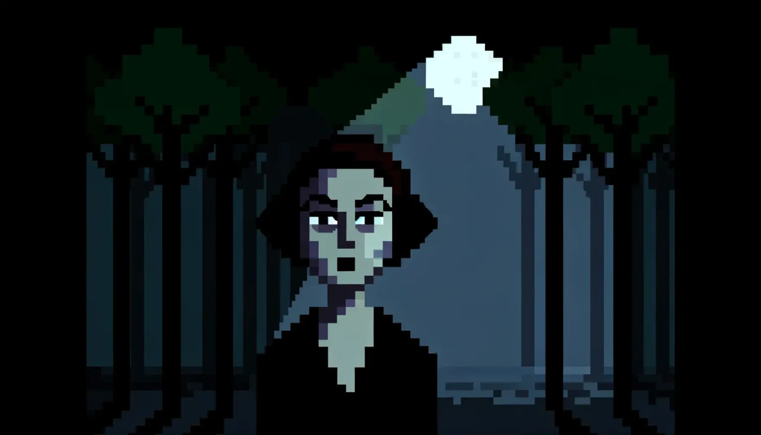 Pixelart eines weiblichen Charakters im Vordergrund mit grünlichen Haut- und Haartönen, die in einem dunklen Wald steht. Hinter ihr scheint Mondlicht durch die Bäume.