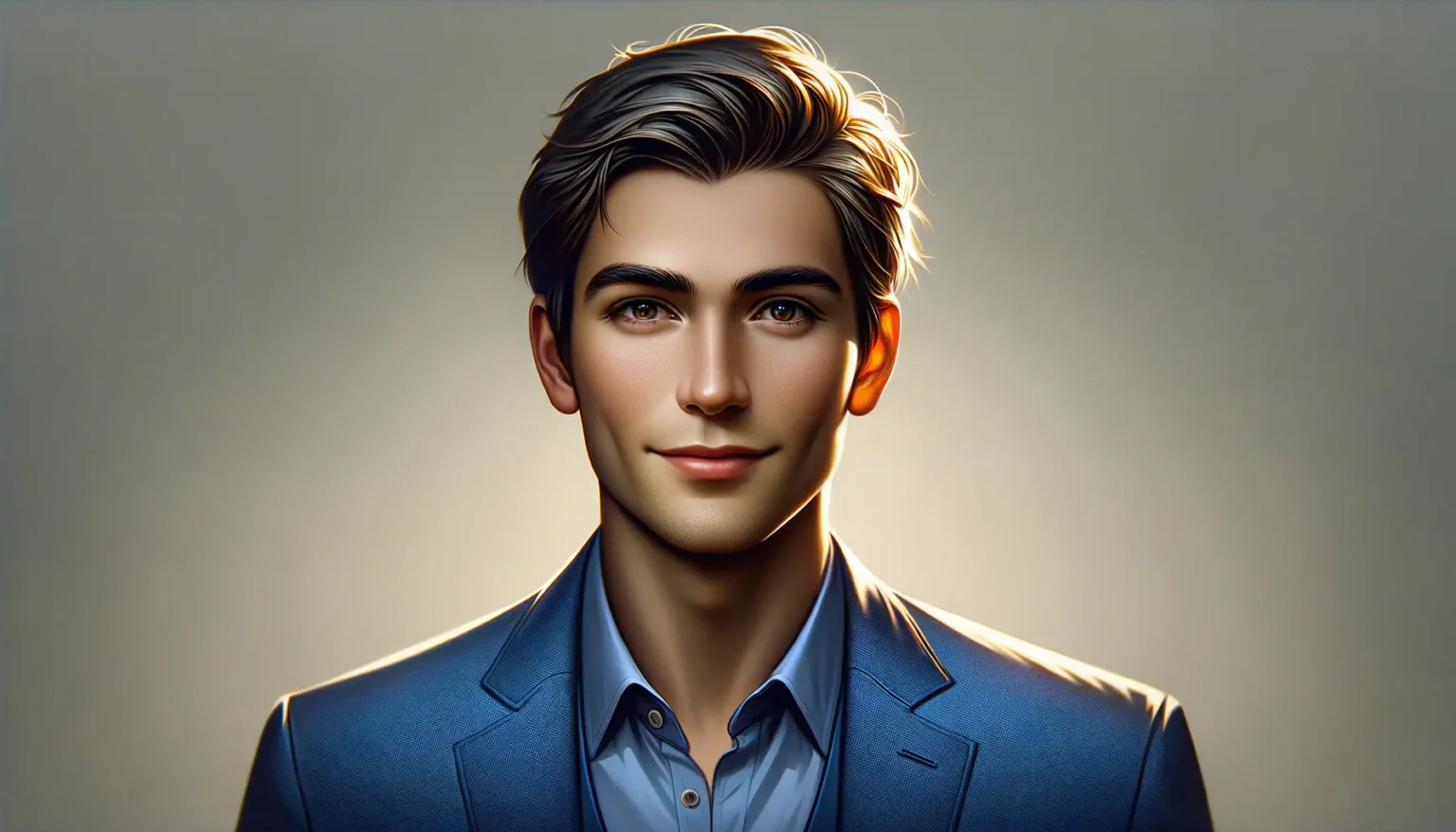 Digital illustrierter Charakter eines jungen Mannes mit gepflegtem Haarschnitt und seriöser blauer Anzugjacke vor einem hellen Hintergrund mit leichtem Schattenspiel. Der Charakter hat markante Gesichtszüge und ein freundliches Lächeln.