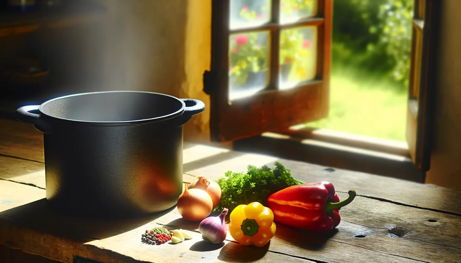 Ein dampfender Topf steht auf einem rustikalen Holztisch neben einer Auswahl an buntem, frischem Gemüse wie Paprika, Zwiebeln und Kräutern in einer atmosphärisch beleuchteten Küche mit einem Fenster, das den Blick auf eine grüne Landschaft freigibt.