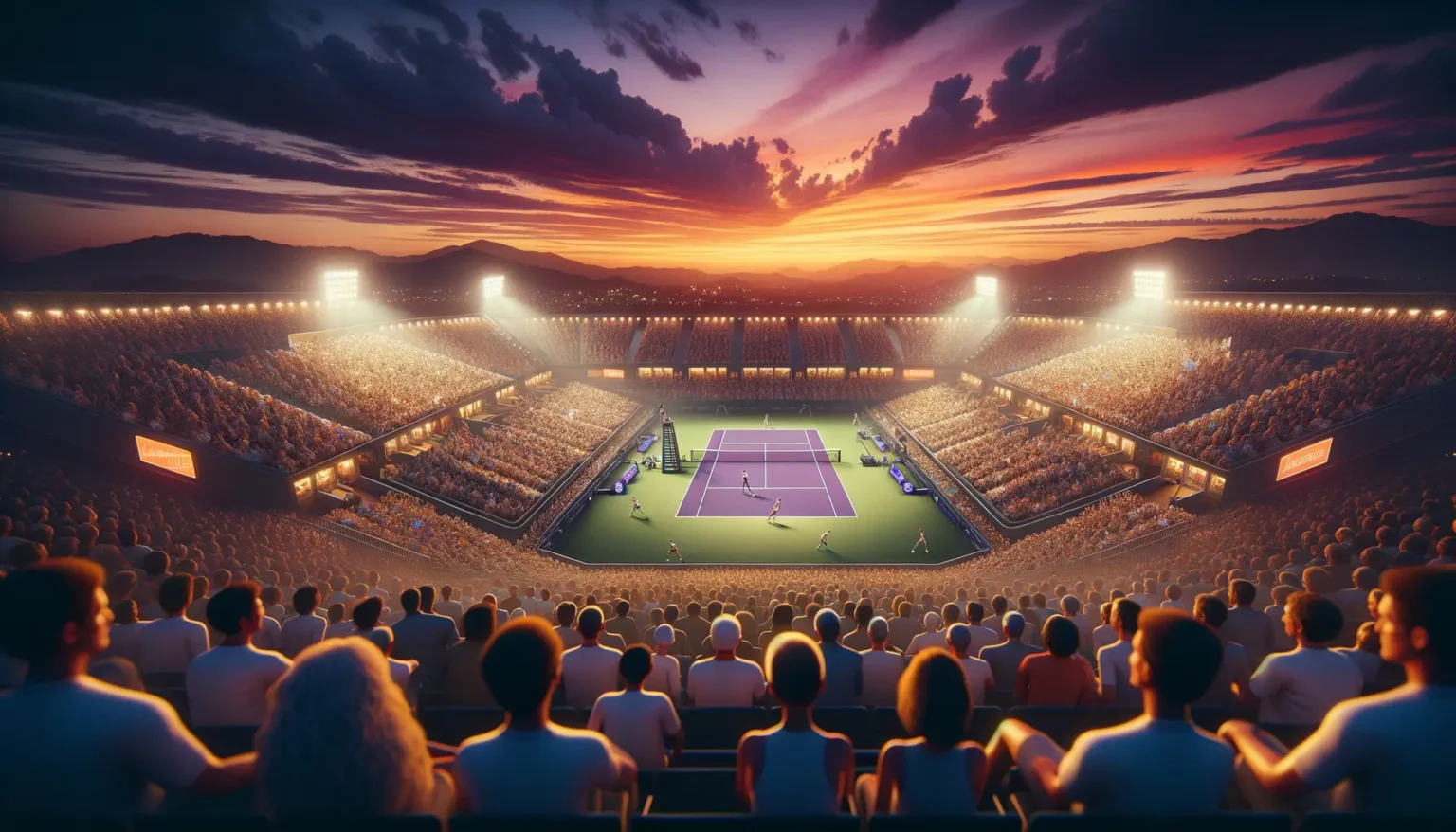 Beleuchtetes Tennisstadion bei Sonnenuntergang, prall gefüllt mit Zuschauern, die ein Match auf einem zentral gelegenen Hartplatz verfolgen, mit dramatischem Himmel und Bergsilhouette im Hintergrund.