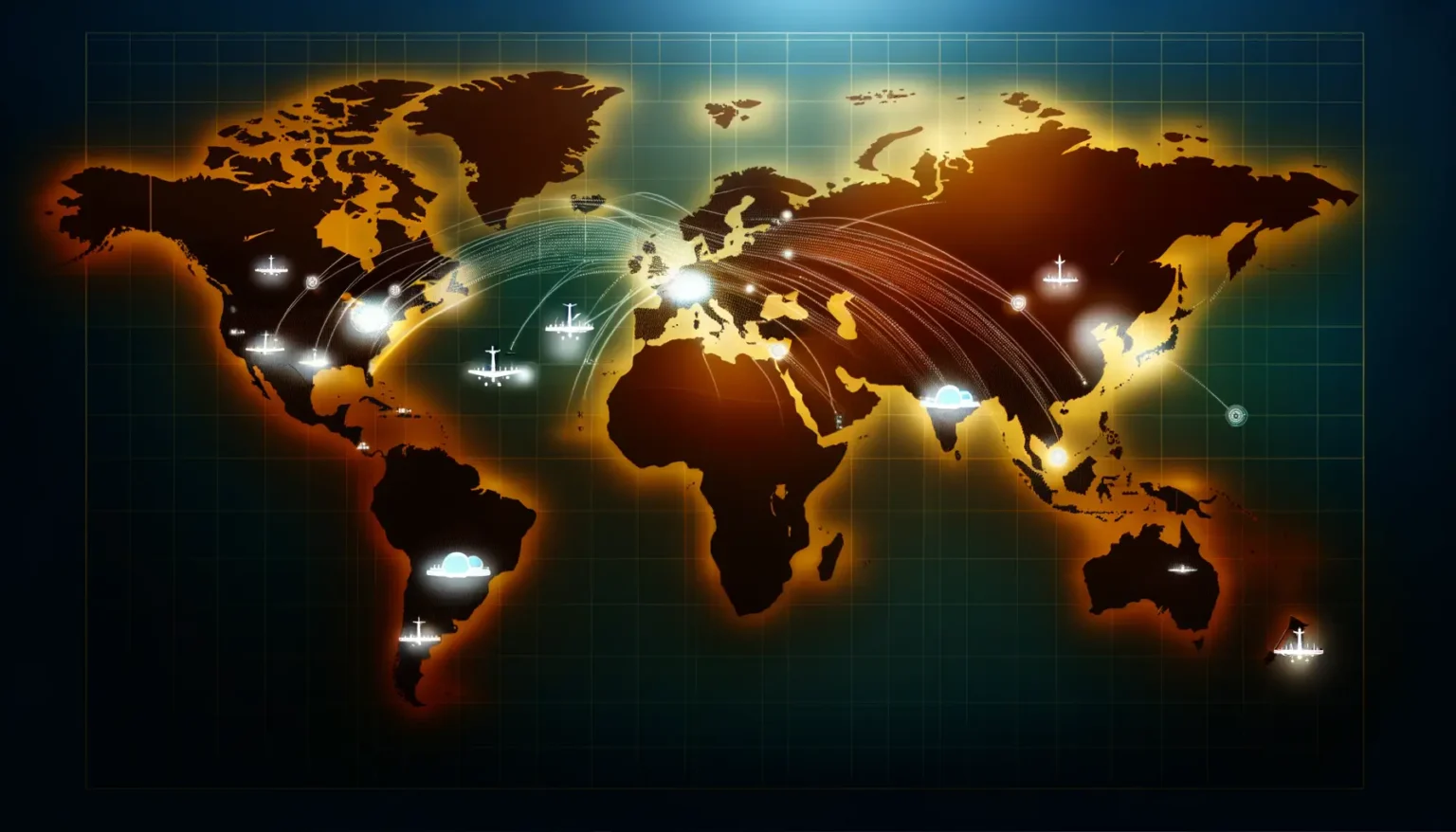 Stilisierte Weltkarte in Dunkelorange- und Brauntönen mit Leuchtlinien, die Verbindungen zwischen verschiedenen Punkten darstellen, und Symbolen für Transportmittel wie Flugzeuge und Schiffe, die für globale Vernetzung und Reiseaktivitäten stehen.
