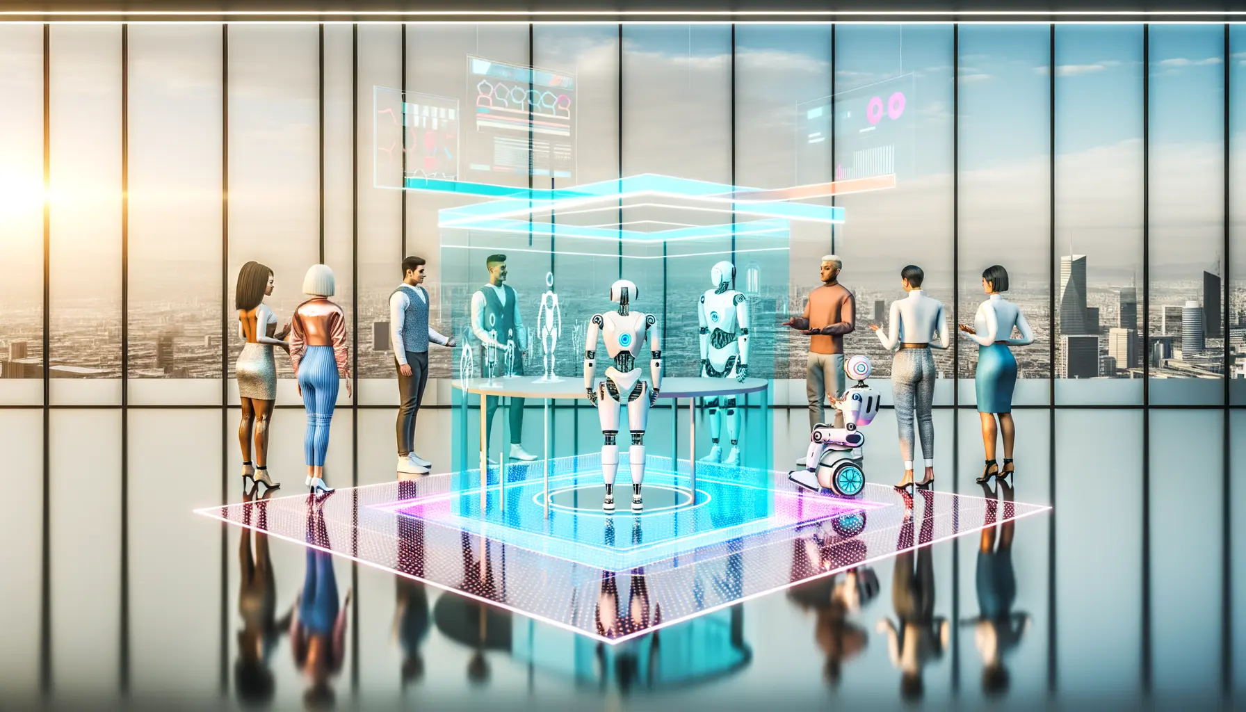 Zukunftsszene mit Menschen und Robotern im Büro in Harmonie