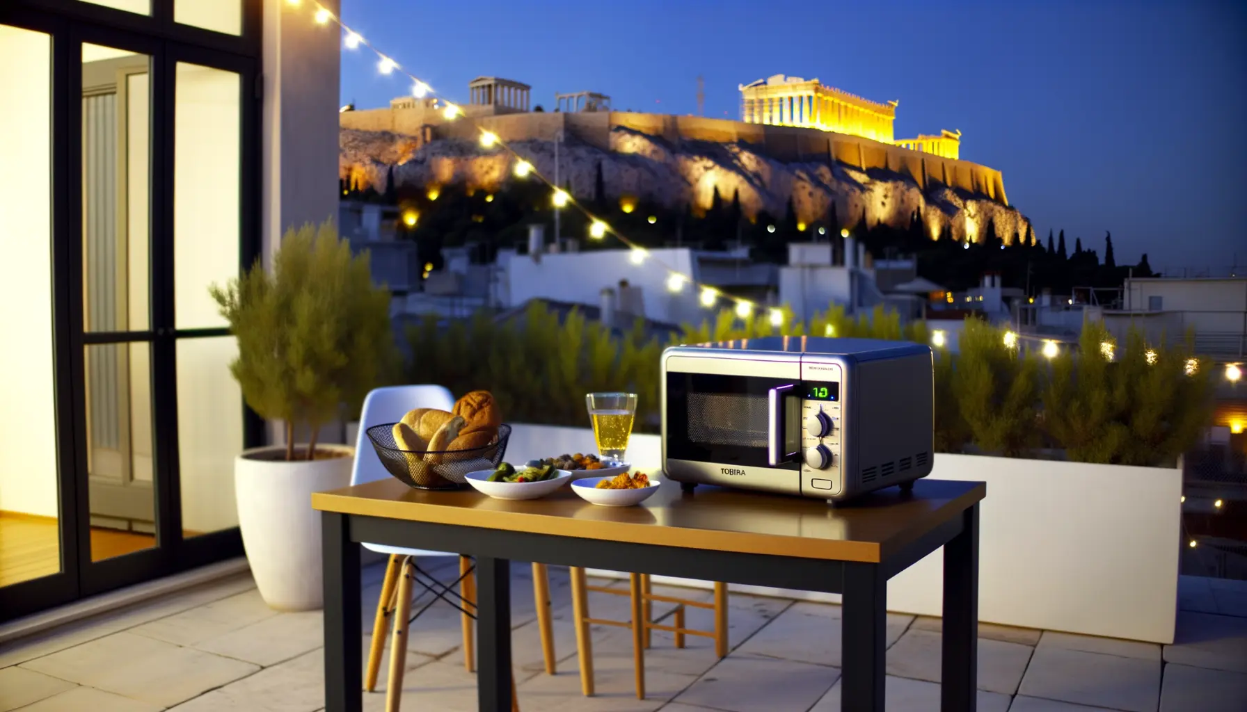 Abendliche Szene Dachterrasse Athen
