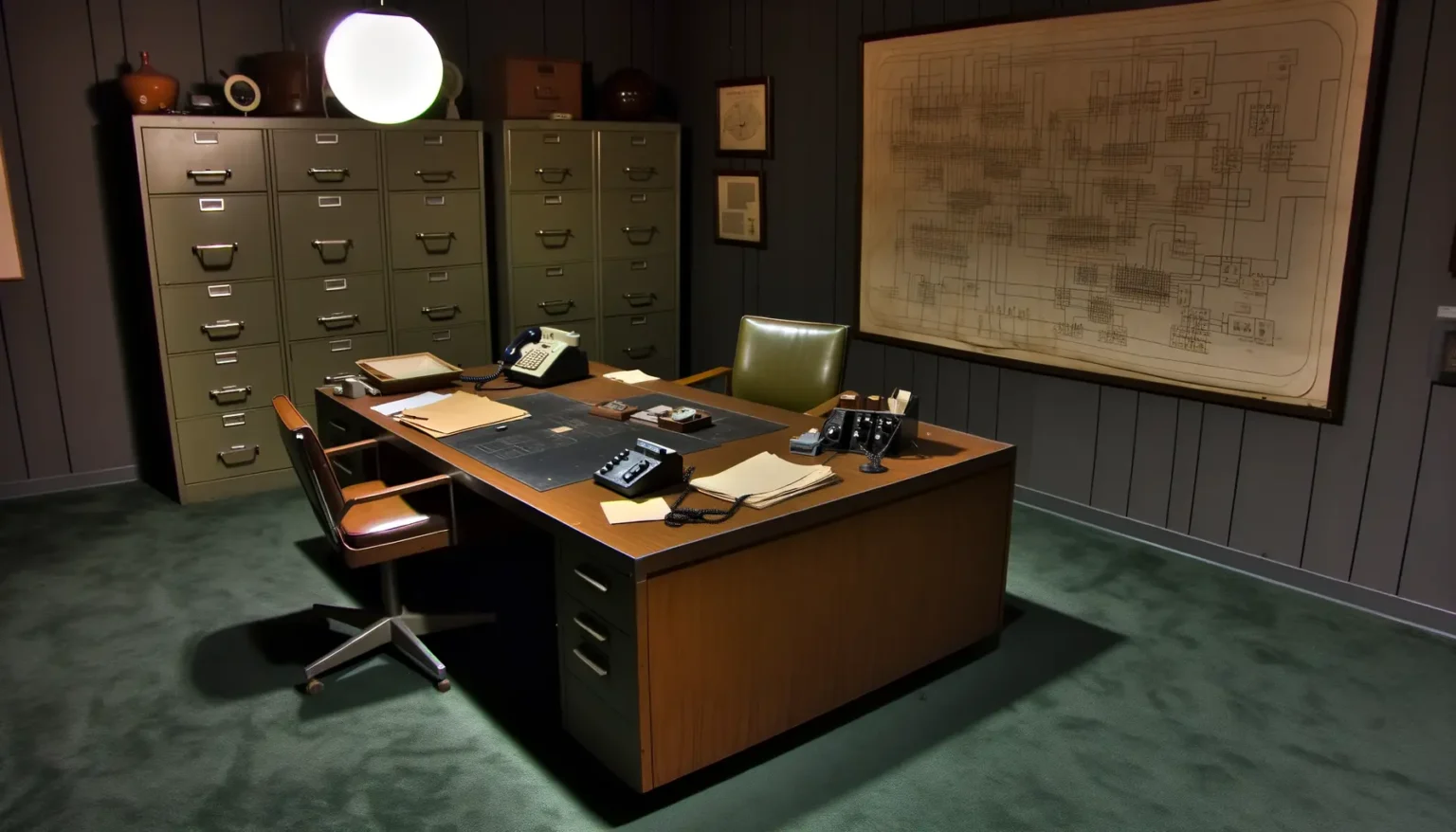 Ein klassisch eingerichtetes Büro mit dunklem Holzschreibtisch, darauf ein Telefon, Notizblöcke und Schreibwaren. Hinter dem Schreibtisch stehen Aktenschränke. An der Wand hängt ein großes technisches Zeichnungsschema. Der Raum wirkt altmodisch und ist schwach beleuchtet.