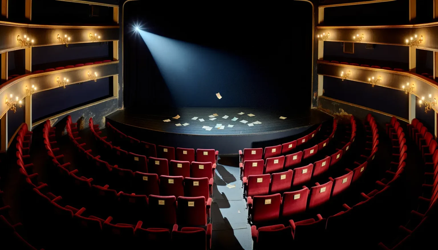 Ein leeres Theater mit roten Sitzreihen und mehrstufigen Balkonen, die mit blauen Wänden und goldenen Verzierungen akzentuiert sind. Ein einzelner Scheinwerfer beleuchtet die leere Bühne, auf der mehrere Blätter Papier verstreut liegen.