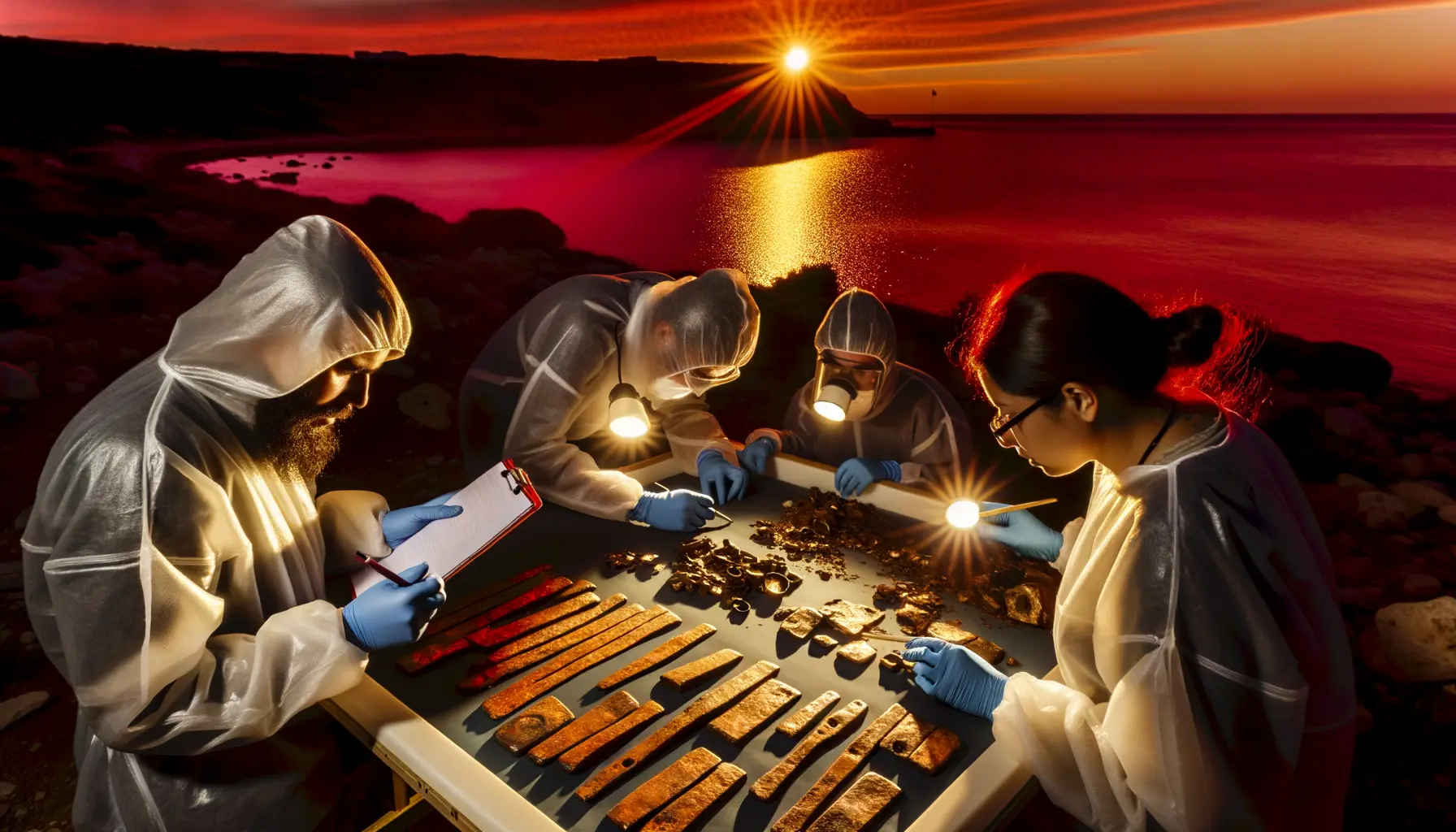 Archäologie-Team bei der Arbeit an der Küste im Sonnenuntergang