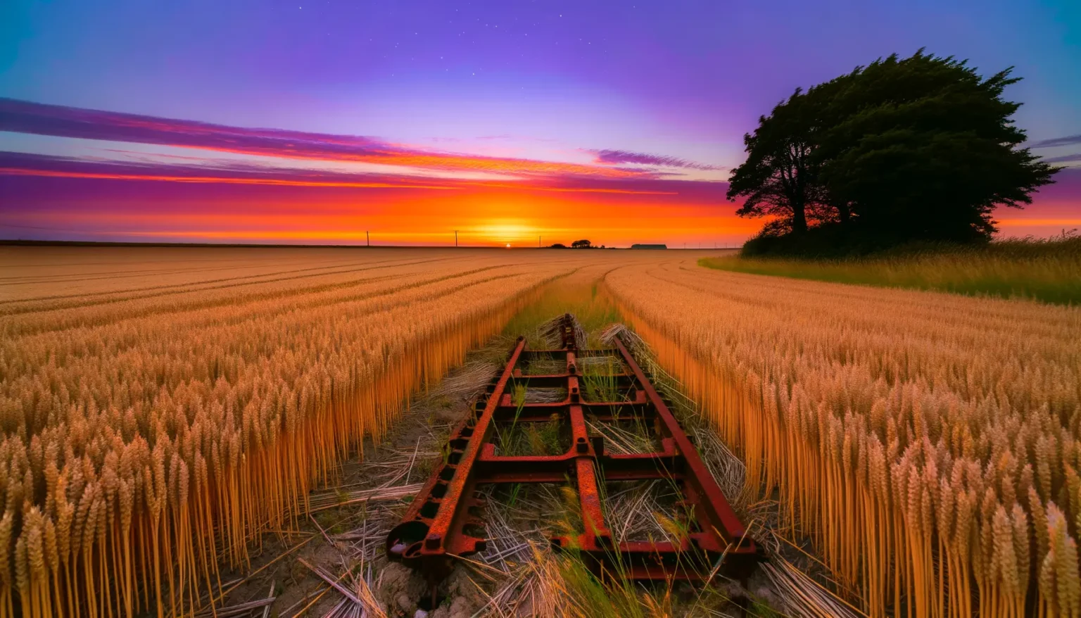 Ein leuchtender Sonnenuntergang mit einem farbenfrohen Himmel in lila und orangen Tönen über einem Weizenfeld, durch das sich eine verrostete, aufgegebene Feldbahn zieht. Ein Baum steht im Wind an der rechten Seite des Feldes, das Bild vermittelt eine Atmosphäre der Ruhe und des Vergehens.