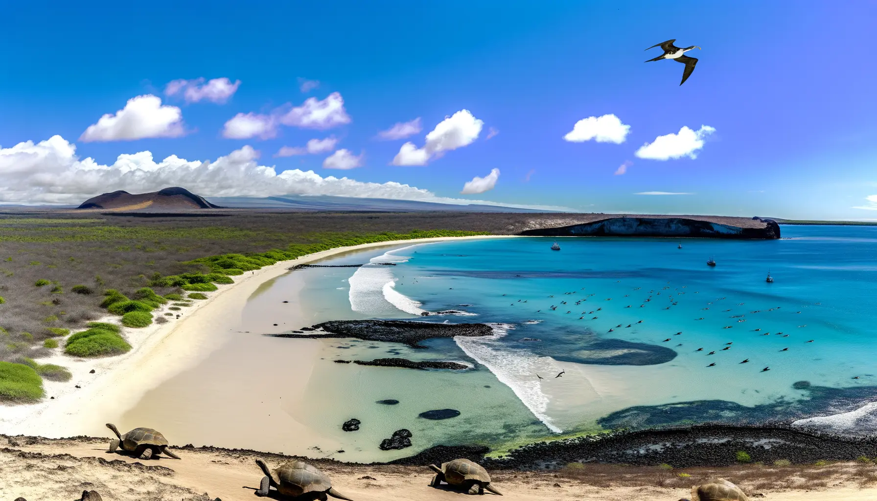 Panorama der Galapagos-Inseln mit Wasser, Tieren und Strand