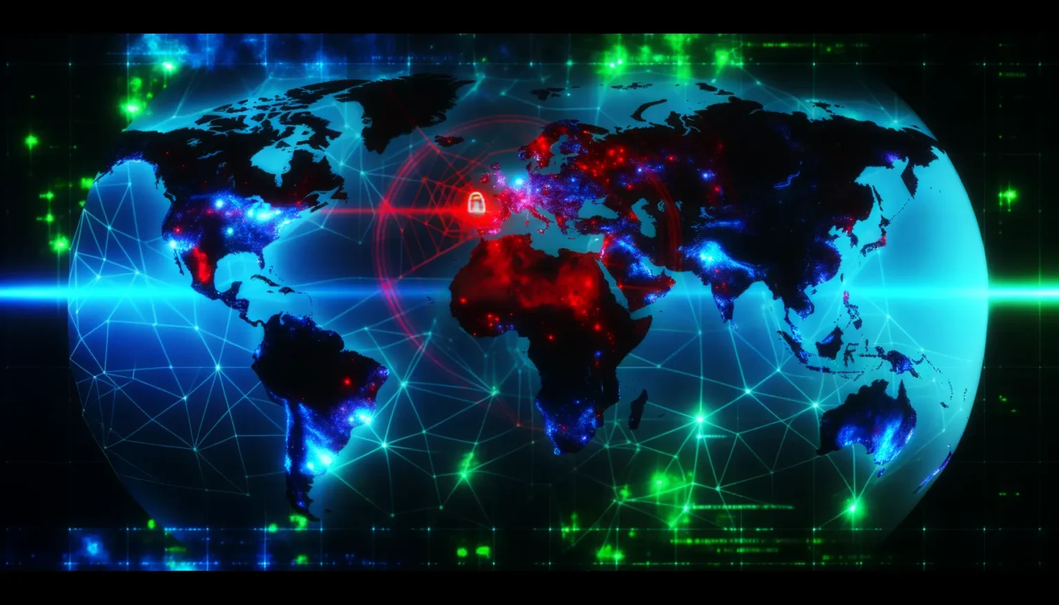 Digital illustrierte Weltkarte im Weltraum-Stil mit beleuchteten Netzwerkpunkten und Verbindungen, die die globale Vernetzung symbolisieren. Einzelne Länder sind in strahlendem Rot und Blau hervorgehoben, um entweder Aktivität oder Hitze darzustellen. Ein Schlosssymbol über dem europäischen Kontinent deutet möglicherweise auf Sicherheits- oder Datenschutzthemen hin. Der Hintergrund ist mit grünen und blauen Leuchtspuren durchzogen, die ein futuristisches Gefühl vermitteln.