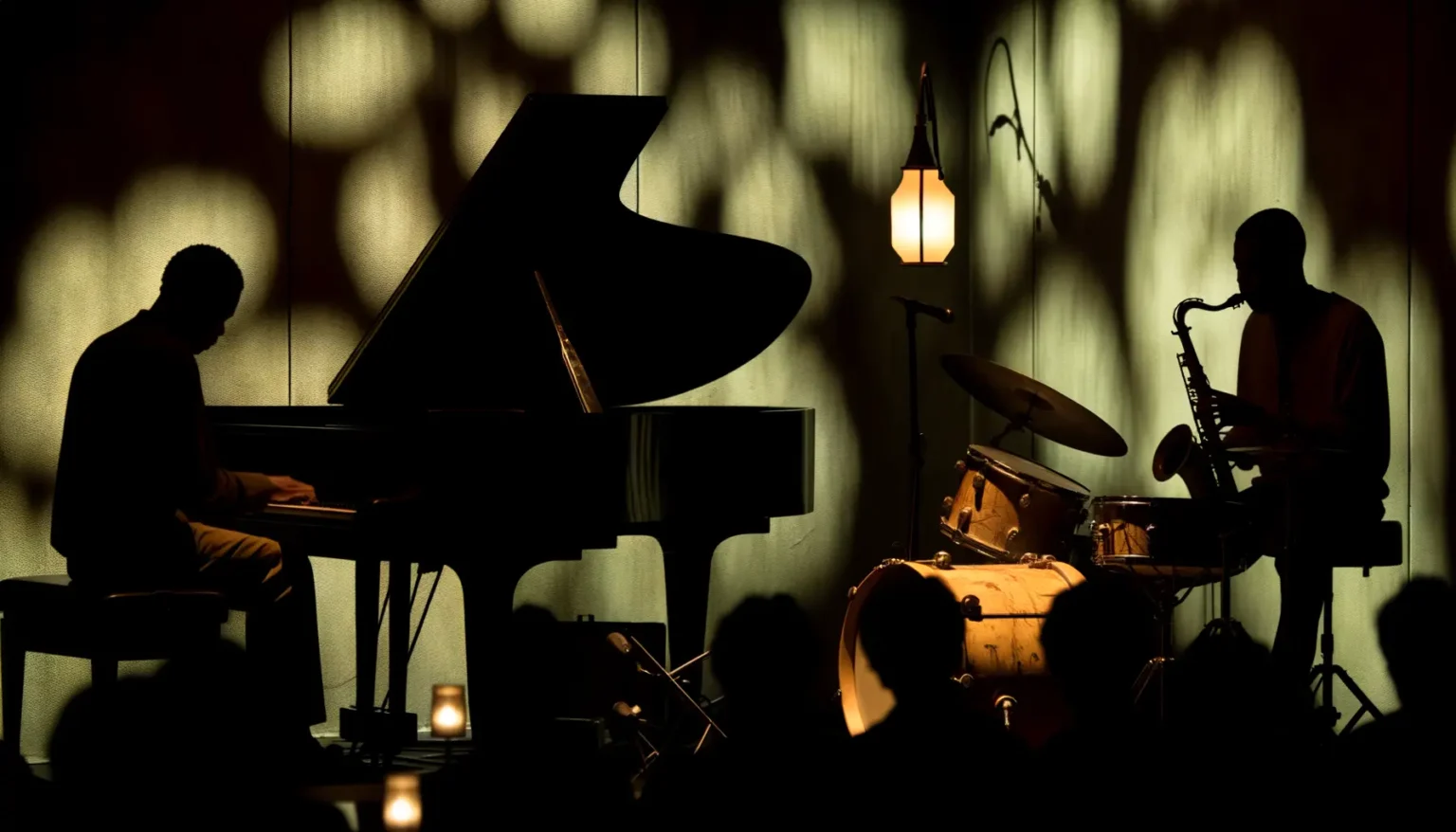 Eine atmosphärische Szene mit zwei Musikern in Silhouette, die Jazz spielen: Ein Pianist an einem Flügel und ein Saxophonist, die beide vor einem hinterleuchteten Hintergrund stehen, der ihre Schatten an die Wand wirft, mit einer stimmungsvollen Beleuchtung durch eine Hängelampe und Kerzen.