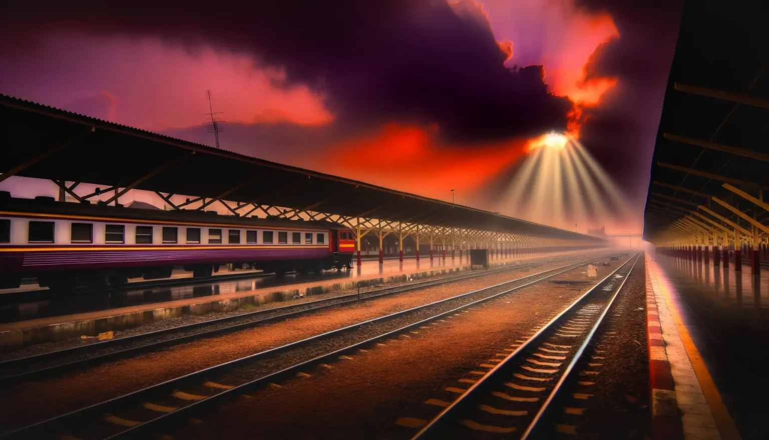 Ein dramatisch beleuchteter Bahnhof bei Sonnenuntergang mit einem Zug auf den Gleisen, der Himmel ist in warme Rot- und Orangetöne getaucht, die Sonnenstrahlen brechen durch dunkle Wolken. Ein langer Bahnsteig führt in die Ferne, flankiert von einem überdachten Wartebereich.