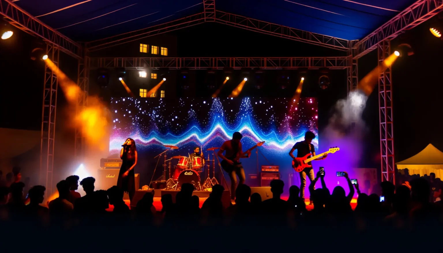 Eine Rockband spielt auf einer Bühne bei einem nächtlichen Konzert vor einer begeisterten Menschenmenge. Farbenfrohes Bühnenlicht und ein dynamischer, sternenhimmelartiger Hintergrund erhellen die Szene. Die Bandmitglieder, darunter ein Sänger, Gitarristen und ein Schlagzeuger, sind aktiv und energetisch bei ihrer Performance.