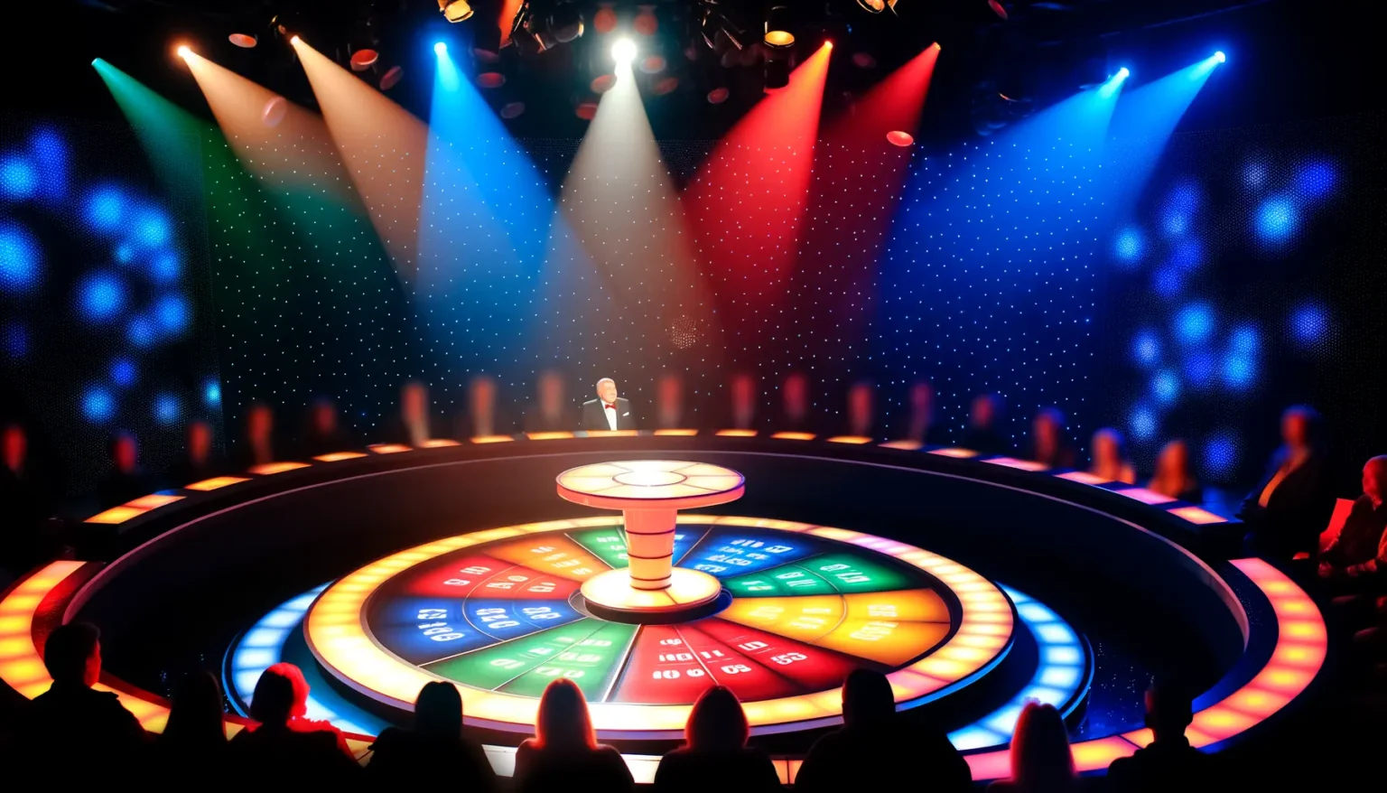 Eine lebendige Spielshow-Szene mit einem hervorgehobenen, mittig positionierten Moderator und einem farbenfrohen, radförmigen Podium im Zentrum einer beleuchteten Bühne. Strahlende Lichtkegel in verschiedenen Farben erhellen den Raum, während das Publikum im Vordergrund als Silhouetten erkennbar ist.