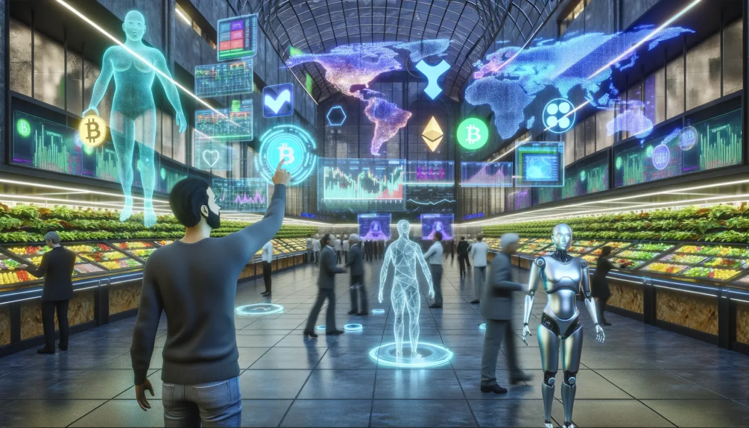 Futuristische Szene mit Menschen und humanoiden Robotern in einem Einkaufszentrum, das von digitalen Bildschirmen und holografischen Displays mit Kryptowährungs-Symbolen und Weltkarten umgeben ist. Im Vordergrund steht eine menschenähnliche Roboterfigur neben Obst- und Gemüsetheken, während ein Mann mit erhobenem Arm auf einen durchsichtigen holographischen Menschen zeigt.