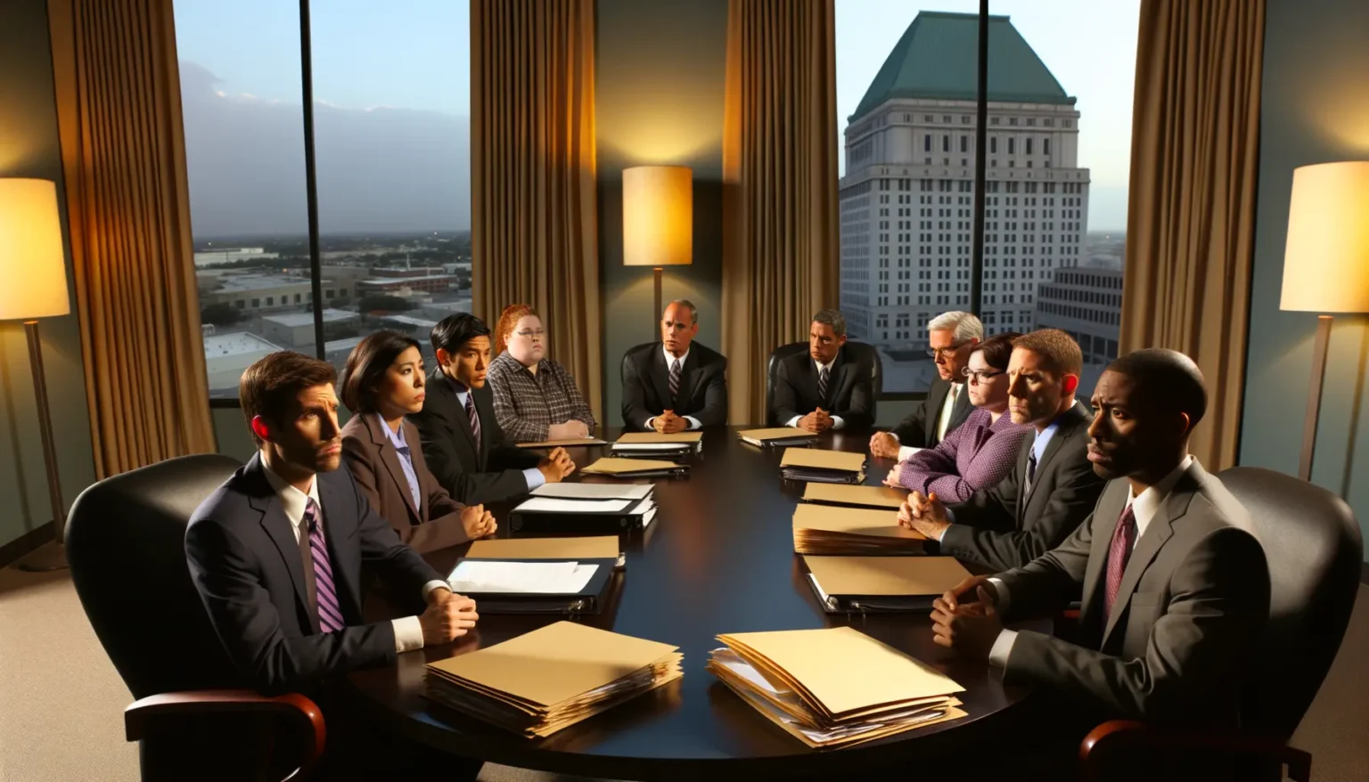 Eine Gruppe von Geschäftsleuten verschiedener Ethnien sitzt ernst dreinblickend um einen Konferenztisch mit Stapeln von Dokumenten bei einem Meeting in einem Büro mit Aussicht auf eine städtische Skyline im Hintergrund.