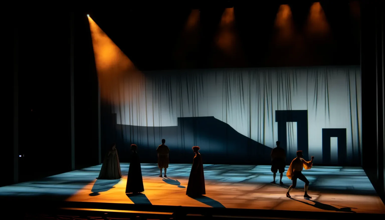 Fünf Schauspieler auf einer Theaterbühne beleuchtet von dramatischem Spotlicht, was lange Schatten auf dem Boden wirft, vor einem abstrakten Bühnenhintergrund, der einfache geometrische Formen und Linien zeigt.