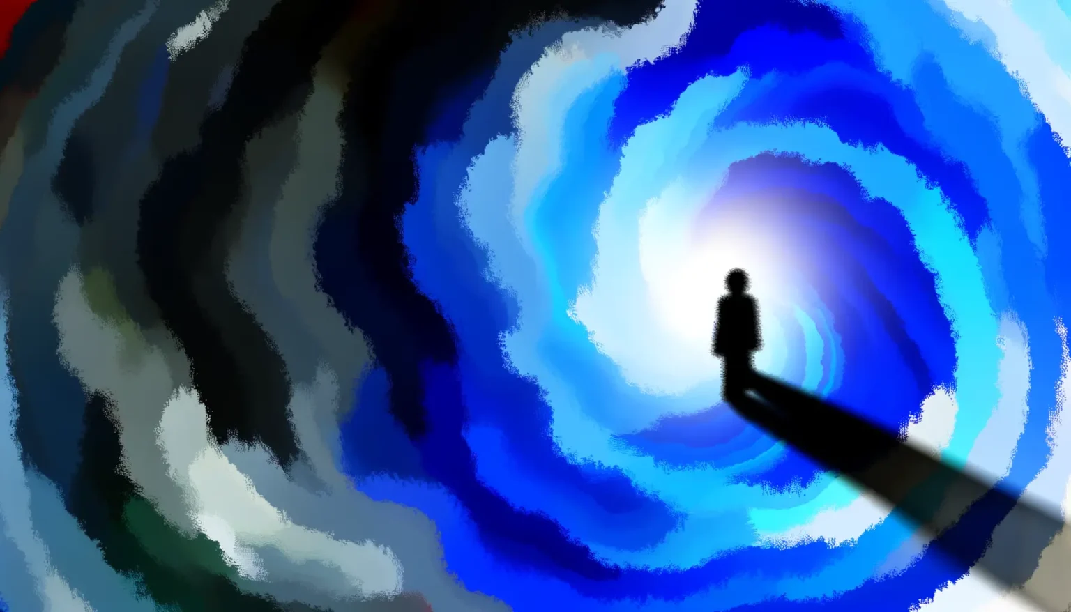 Eine digitale Illustration zeigt eine einzelne, schattenhafte Person am Rand eines abstrakten, wirbelnden Tunnels oder Portals in blau-schwarzen Farbtönen, die in Richtung eines hellen Zentrums führen. The atmosphere is cosmic and surreal.