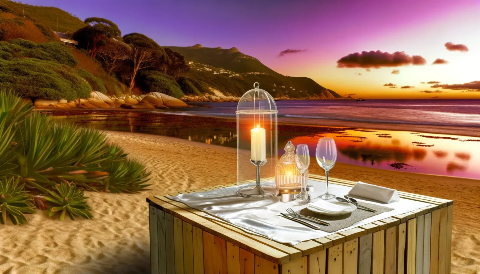 Ein romantisch gedeckter Tisch für zwei Personen steht am Strand bei Sonnenuntergang. Der Himmel hat lebhafte Lila- und Orangetöne, und die ruhige See reflektiert die warmen Farben des Himmels. Auf dem Tisch befinden sich ein weißes Tischtuch, ein leuchtendes Kerzenlicht unter einer Glasglocke, einige Weingläser und ein schlichtes Geschirrset. Im Hintergrund sind sanfte Hügel mit üppigem Grün und einigen Häusern zu sehen.