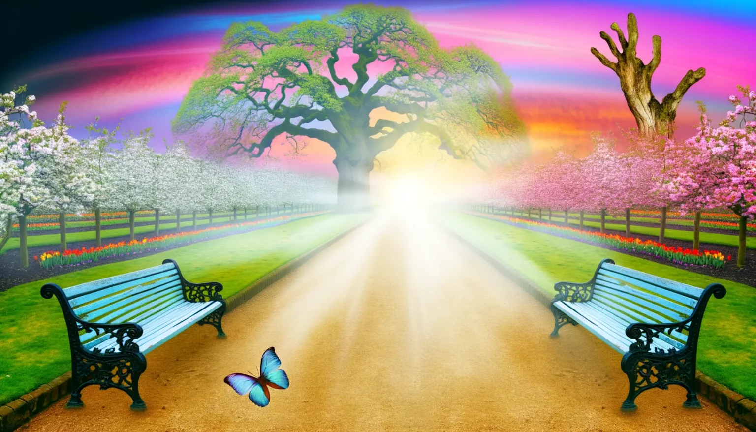 Eine surreale Szenerie eines leuchtenden, von Bäumen gesäumten Weges mit zwei Parkbänken und einem Schmetterling im Vordergrund, unter einem himmlischen, farbenprächtigen Himmel. Im Hintergrund strahlt die Sonne am Horizont und taucht die Umgebung in ein helles Licht.