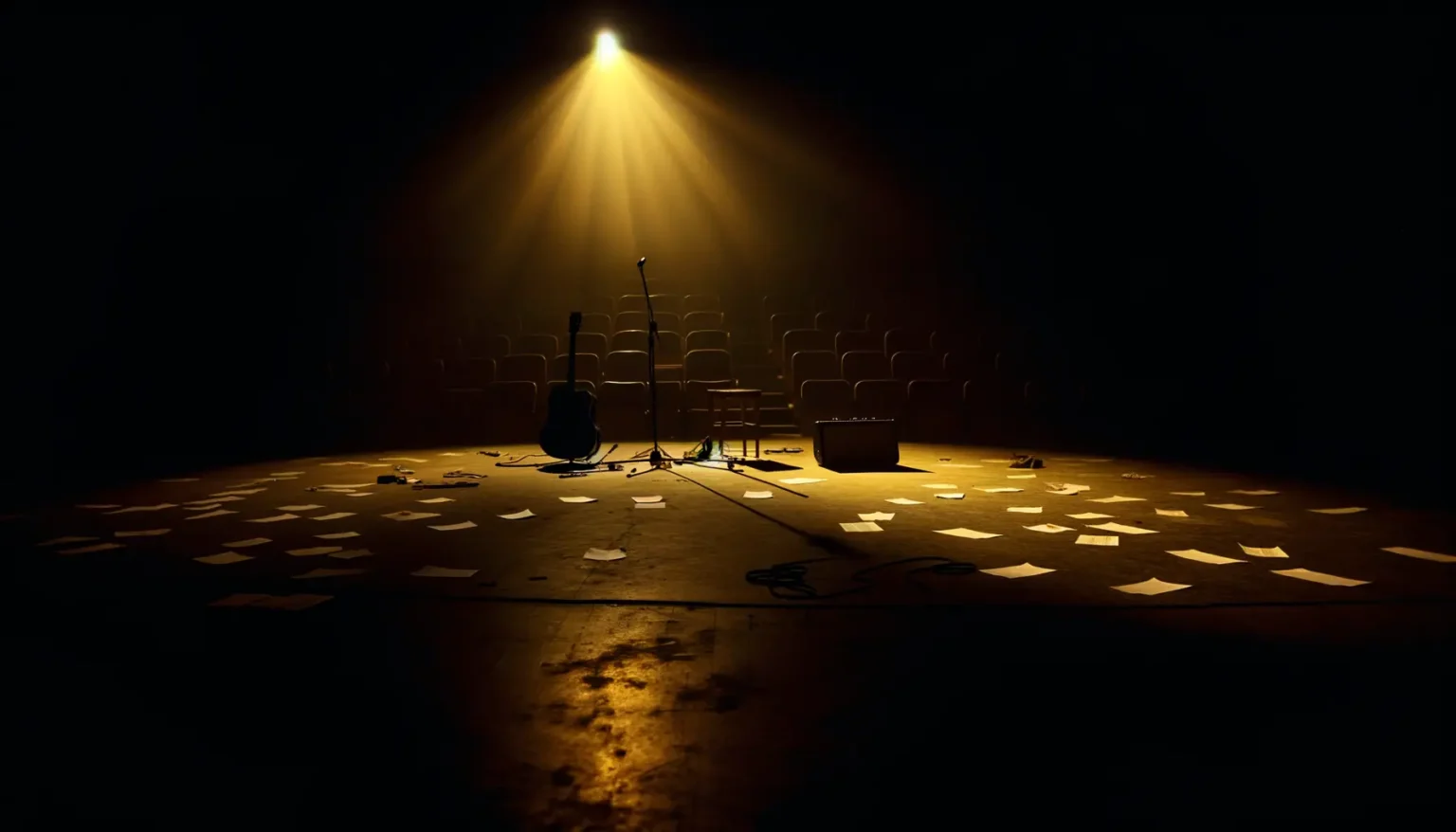 Eine leere Bühne beleuchtet von einem Spotlicht mit einer akustischen Gitarre, einem Stuhl, einem Mikrofonständer und einem Verstärker, umgeben von verstreuten Papierblättern, vor leeren Zuschauerstühlen im Dunkeln.