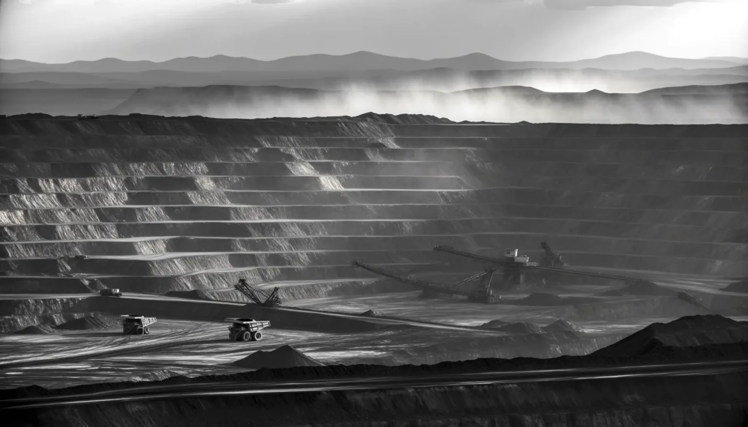 Schwarz-Weiß-Aufnahme eines Tagebaus mit verschiedenen terrassenförmigen Ebenen. Im Vordergrund sind große Bergbaufahrzeuge und Förderanlagen zu erkennen. Im Hintergrund zeichnen sich sanfte Hügelketten ab, über denen Staubwolken hängen, vermutlich verursacht durch die Bergbauaktivitäten.
