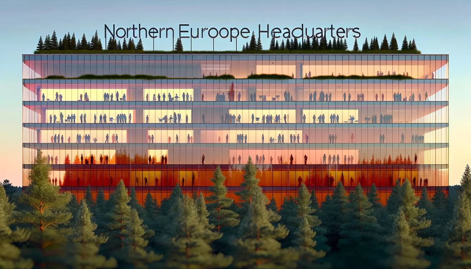 Ein modernes mehrstöckiges Gebäude, das als "Northern Europe Headquarters" bezeichnet wird, mit einer begrünten Dachterrasse und sichtbaren Silhouetten von Menschen durch die gläsernen Außenwände, eingebettet in eine waldreiche Landschaft bei Sonnenuntergang.