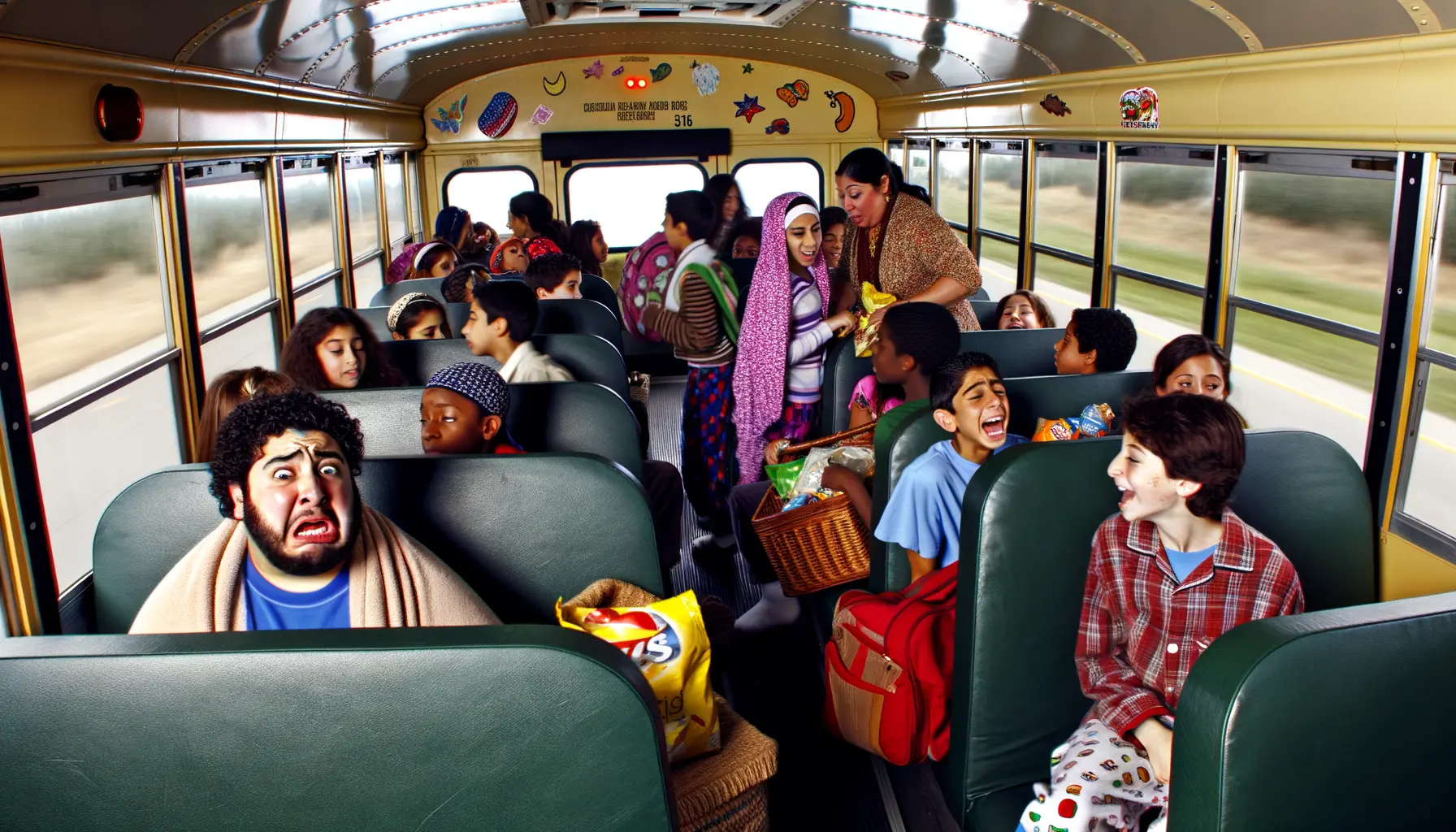 Chaotische Szene Schulbus Klassenfahrt Fahrt