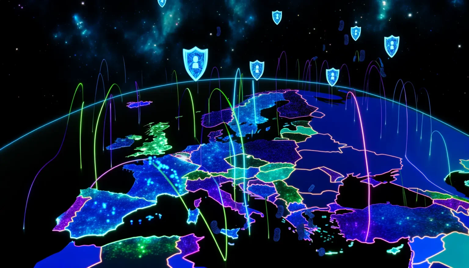 Eine stilisierte Darstellung von Europa mit neonfarbenen Konturen auf schwarzem Hintergrund, das von mehreren farbigen, bogenförmigen Linien überbrückt wird, die Datenströme symbolisieren könnten. Über dem Kontinent schweben Schildsymbole mit einem Schloss-Symbol, was auf Cybersecurity hinweist. Der Hintergrund zeigt einen Sternenhimmel, was der Szene ein futuristisches und digitales Flair verleiht.