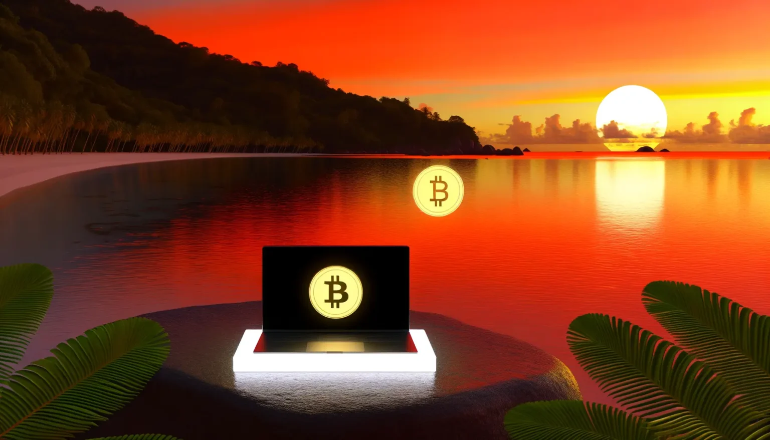 Ein Laptop mit einem leuchtenden Bitcoin-Symbol auf dem Bildschirm steht auf einem Stein am Ufer eines ruhigen Sees unter einem lebhaften orangeroten Himmel bei Sonnenuntergang, der sich auf dem Wasser spiegelt, mit tropischer Vegetation im Vordergrund und Hintergrund.
