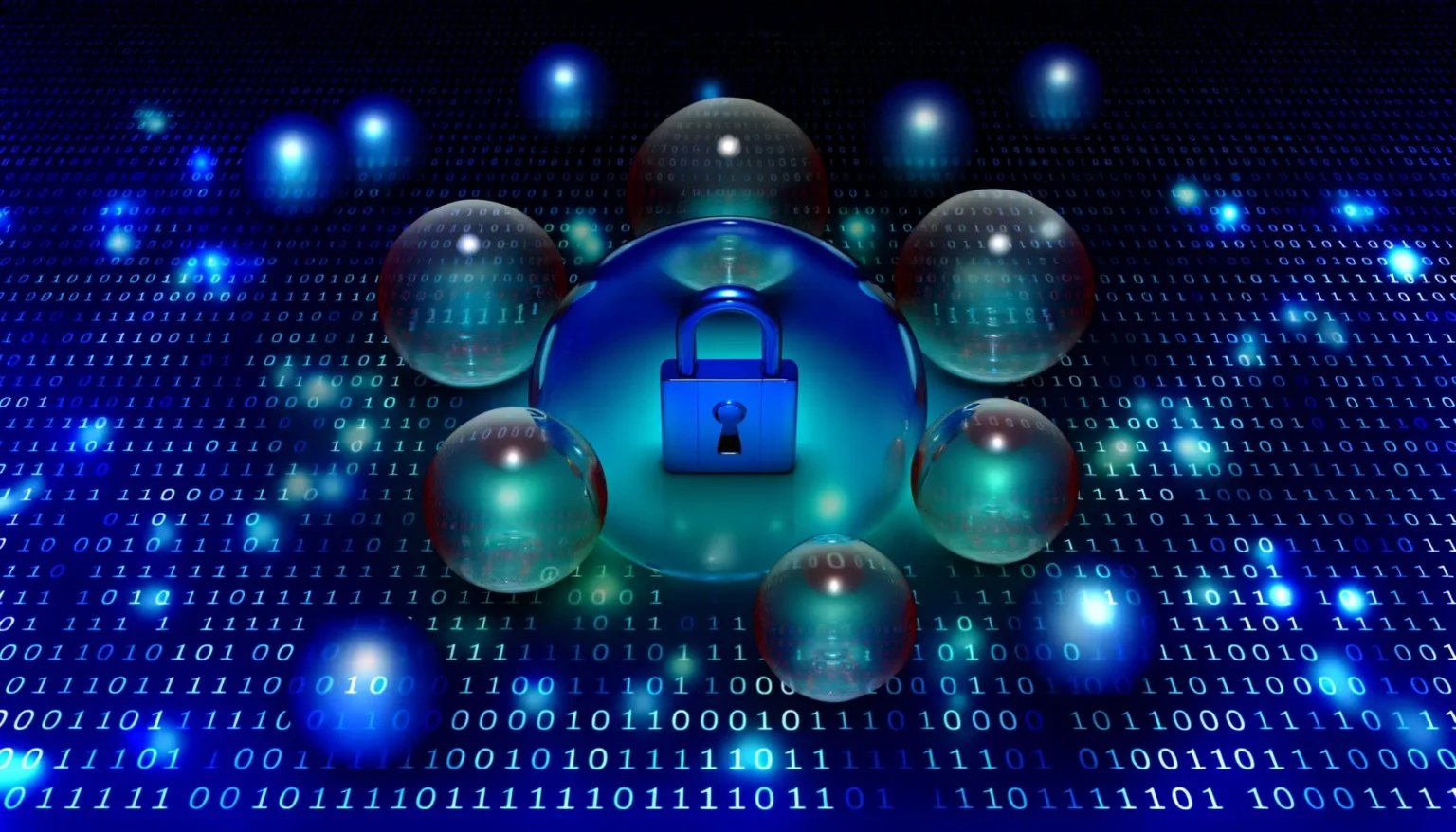 Digitale Illustration eines Cybersicherheitskonzepts mit einem blauen Schlosssymbol in einer Schutzblase umgeben von transparenten Kugeln auf einem Hintergrund mit binären Codes in Blau- und Schwarztönen.