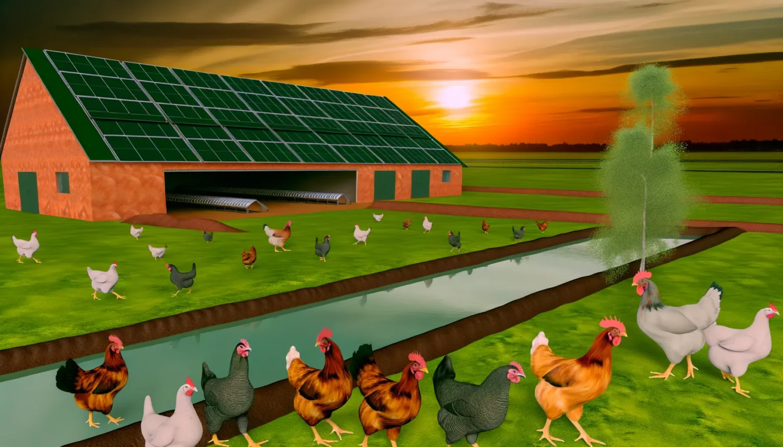 Digitale Illustration einer ländlichen Szene bei Sonnenuntergang mit einem mit Solarmodulen bedeckten Stall, mehreren verschiedenfarbigen Hühnern sowohl im Vorder- als auch im Hintergrund und einem kleinen Teich, neben dem ein großer Baum steht.
