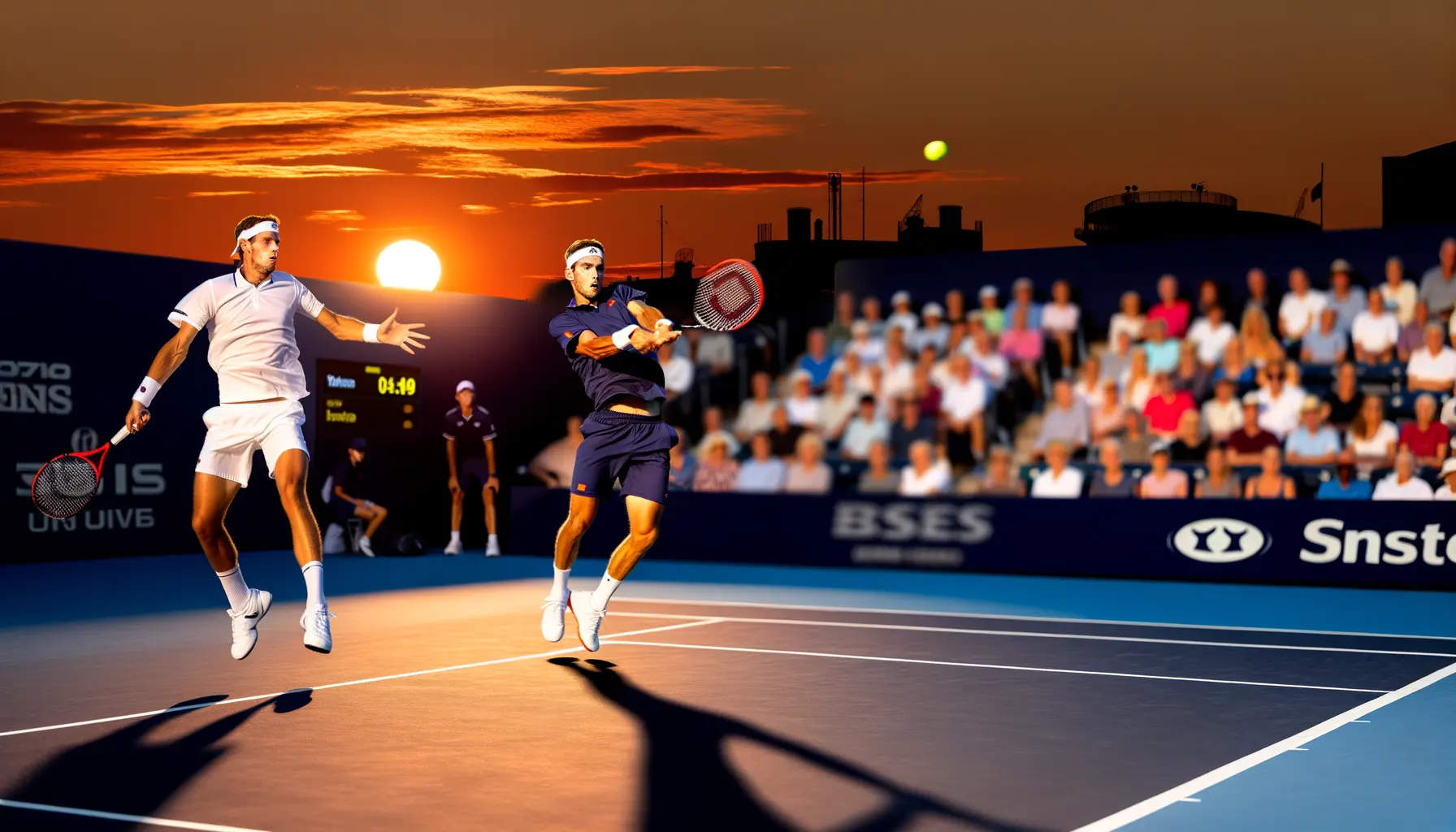 Dramatisches Tennis Match beim Sonnenuntergang