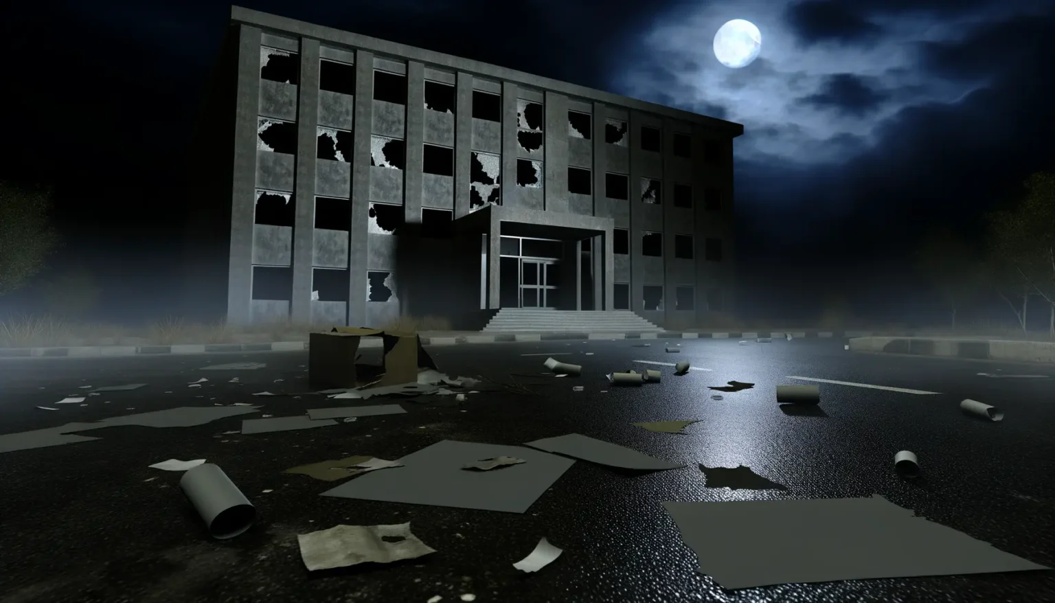 Ein verlassenes, zerstörtes Gebäude bei Nacht, mit zerschlagenen Fenstern und Trümmerteilen auf der Straße davor. Im Hintergrund ist ein voller Mond sichtbar, der durch Wolken am Nachthimmel scheint.