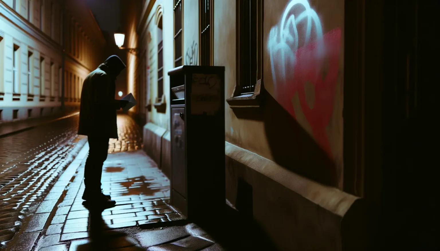 Eine Person in dunkler Kleidung und mit Kapuze steht nachts in einer beleuchteten Straße und liest etwas auf einem Blatt Papier. Im Hintergrund an einer Wand ist ein leuchtendes Graffiti-Herz sichtbar. Die Szene wird von feuchtem Kopfsteinpflaster und der warmen Straßenbeleuchtung atmosphärisch in Szene gesetzt.